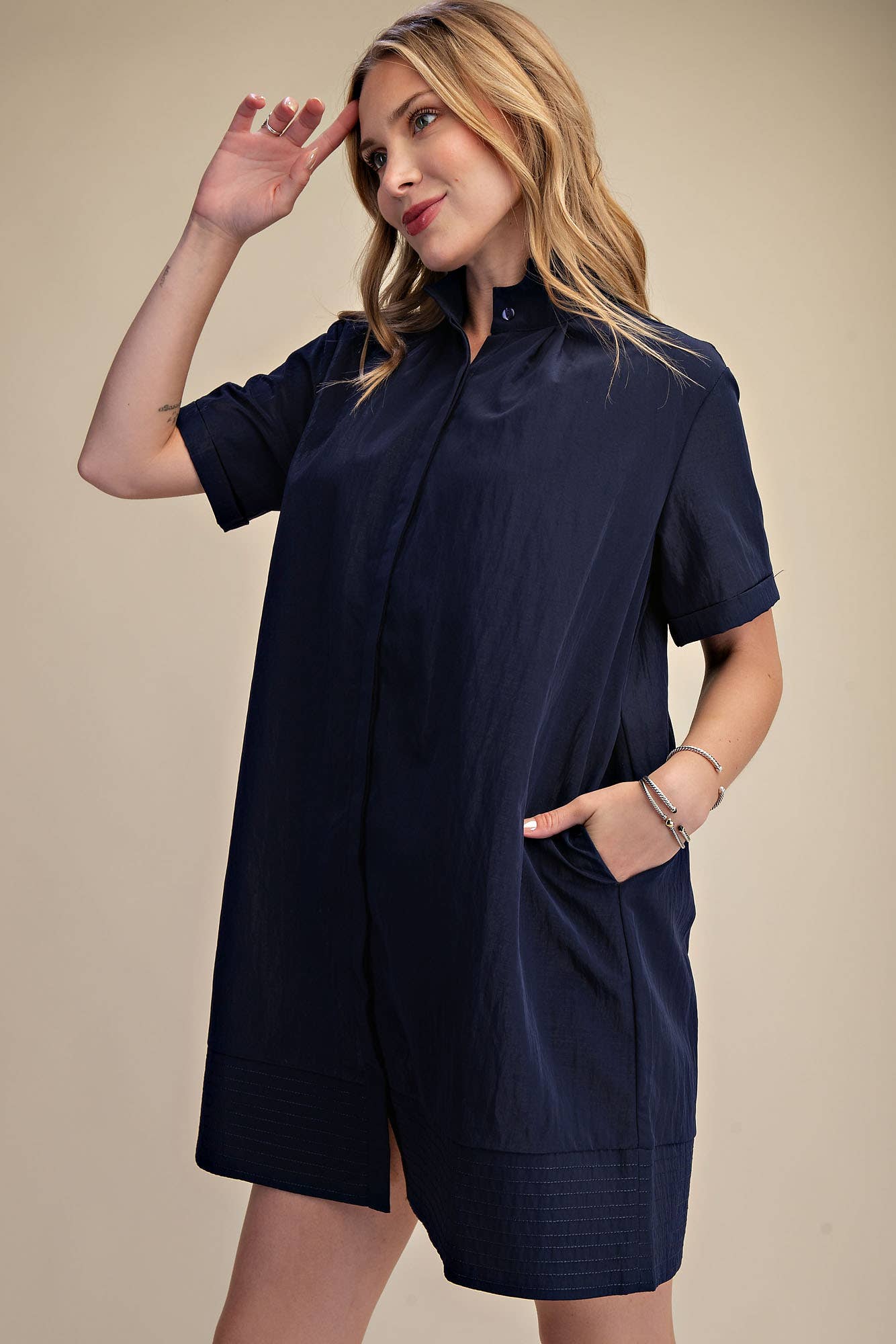 Stand Collar Short Sleeves Button Down Shift Dress
