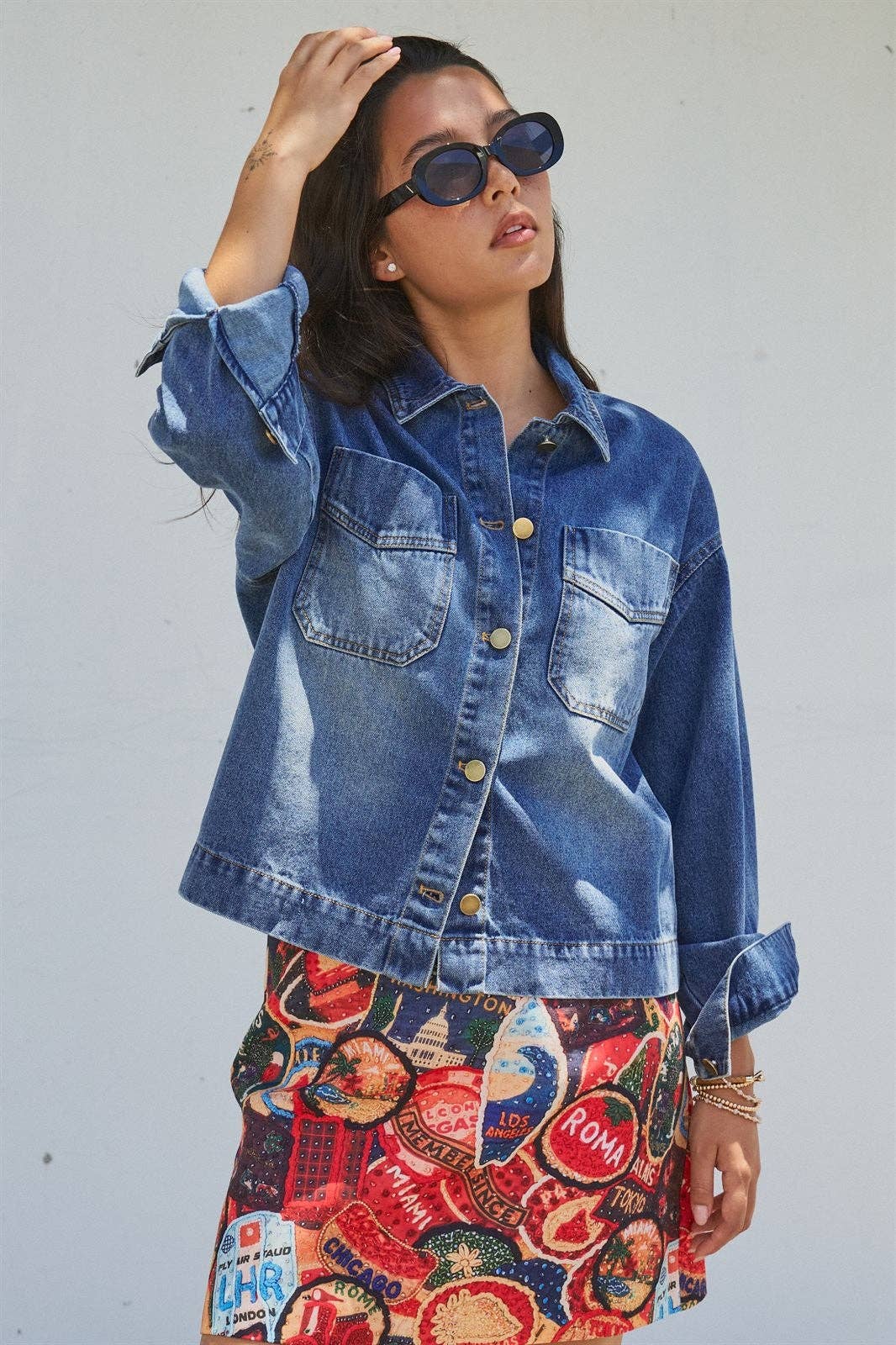 Vintage Wash Denim Shirt Jacket With Gold Buttons