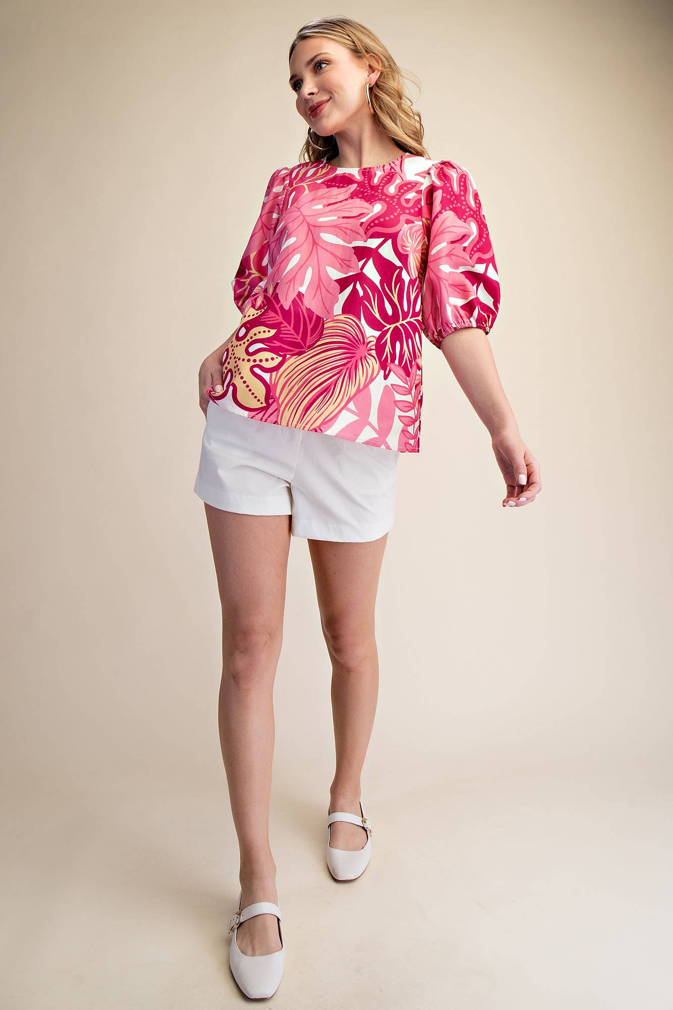 Puff Sleeve Tropical Printed Top