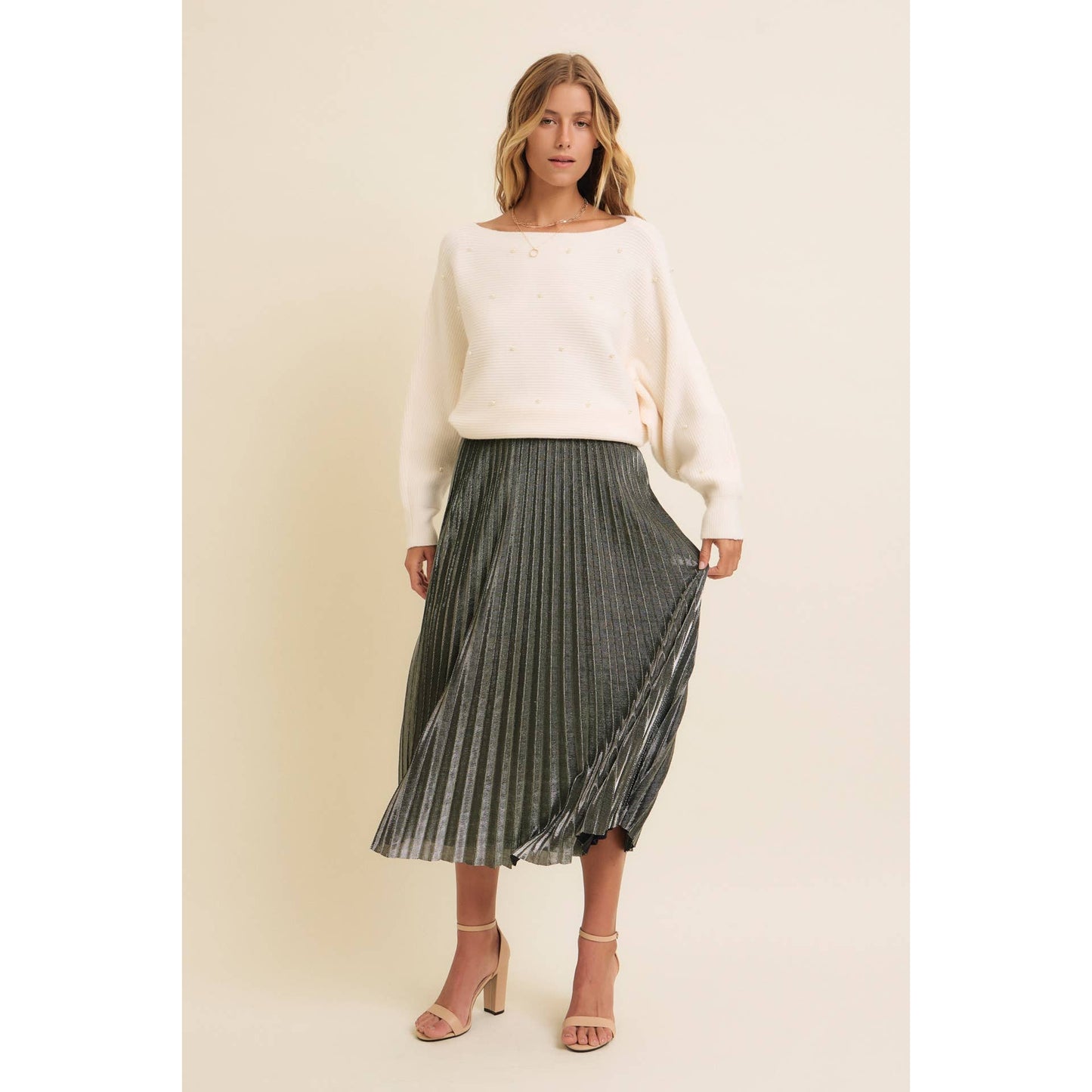 SPARKLING ACCENT PLEATED MIDI SKIRT