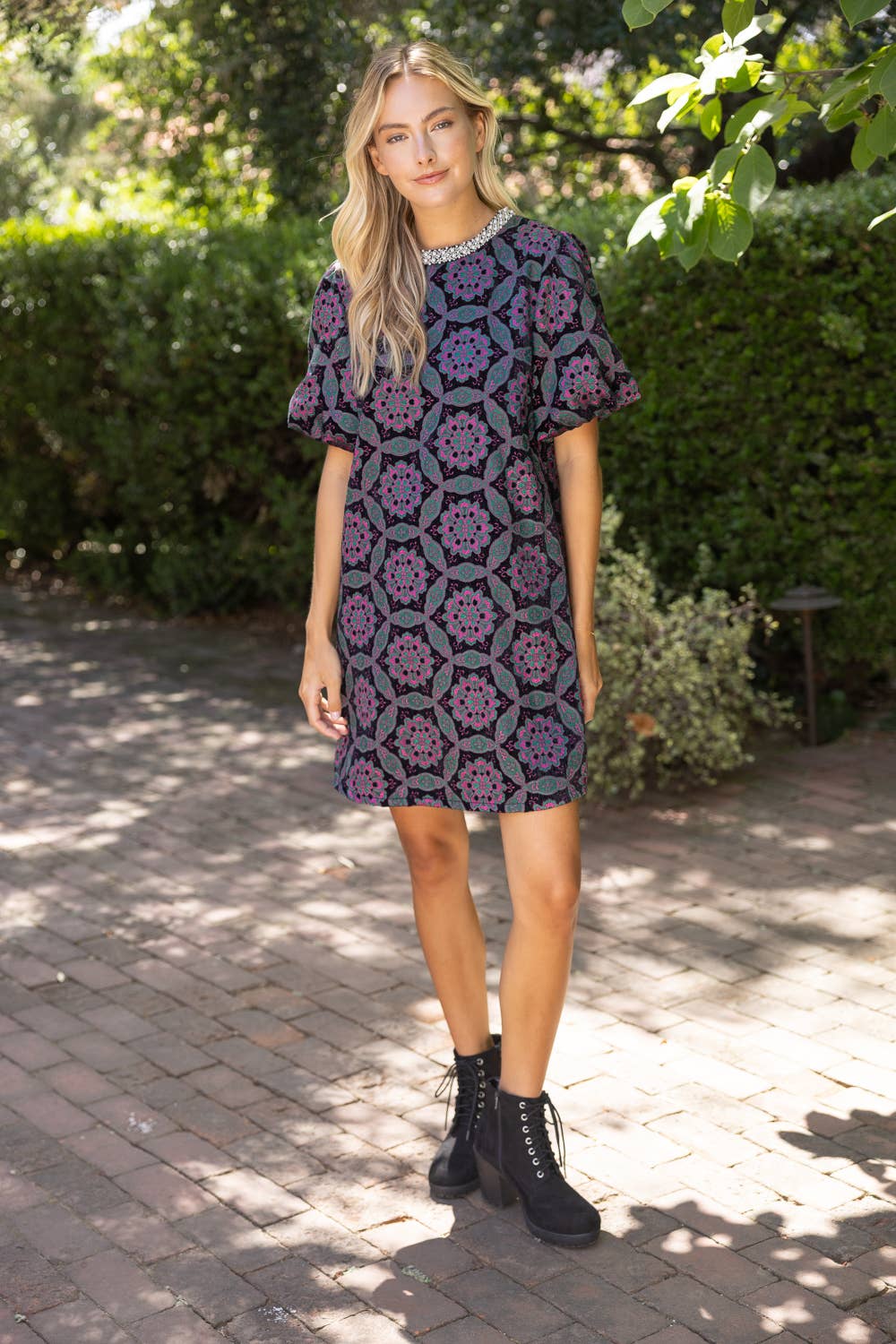 Beaded Neckline Geometric Velvet Jacquard Dress