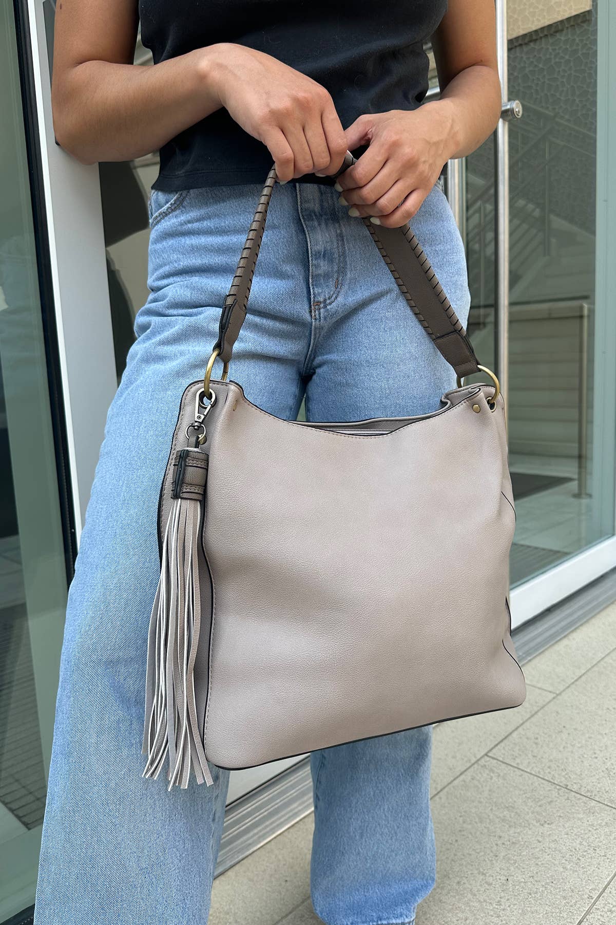 Three Compartment Tassel Hobo Bag