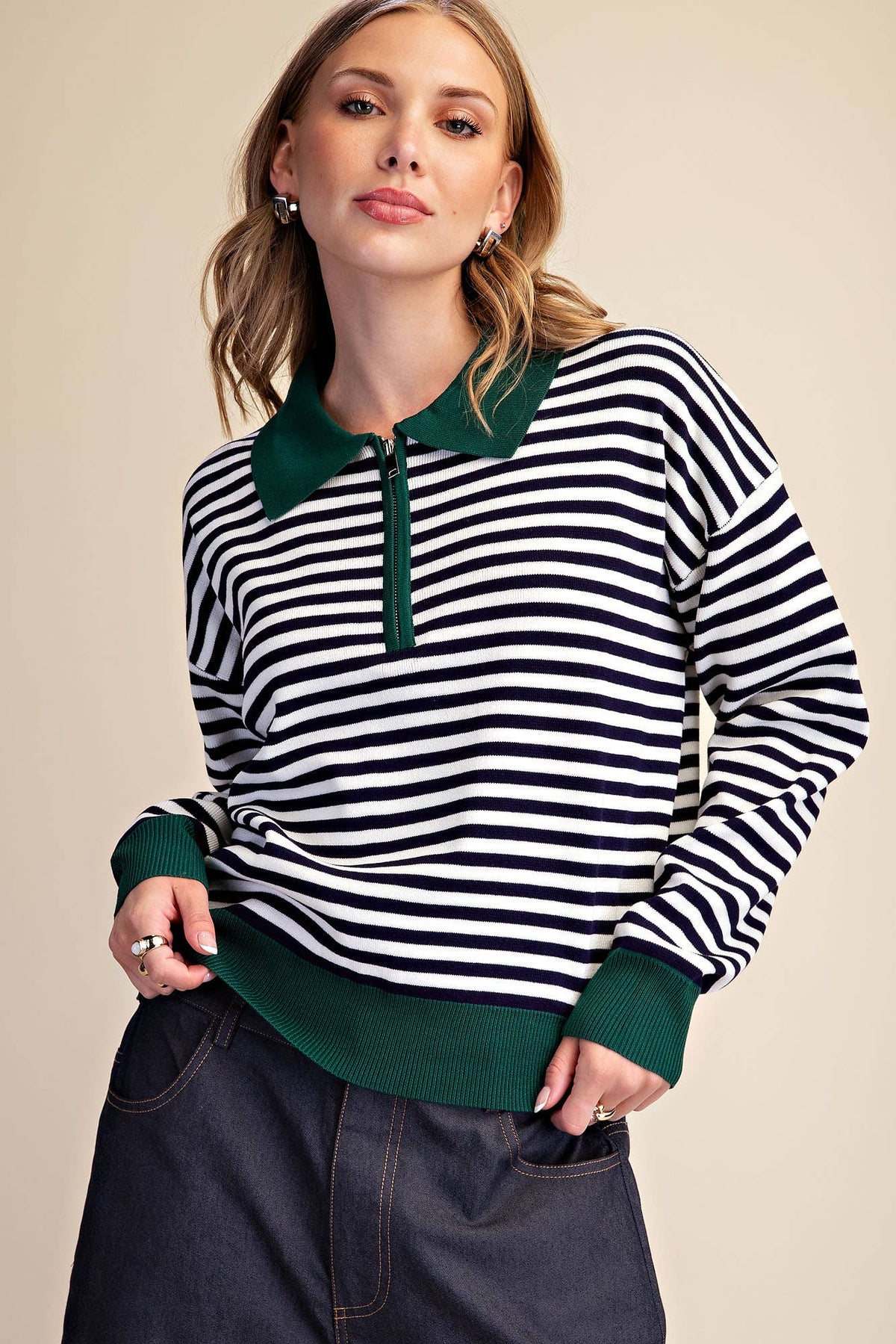Collar Zip Neck Long Sleeve Stripe Sweater