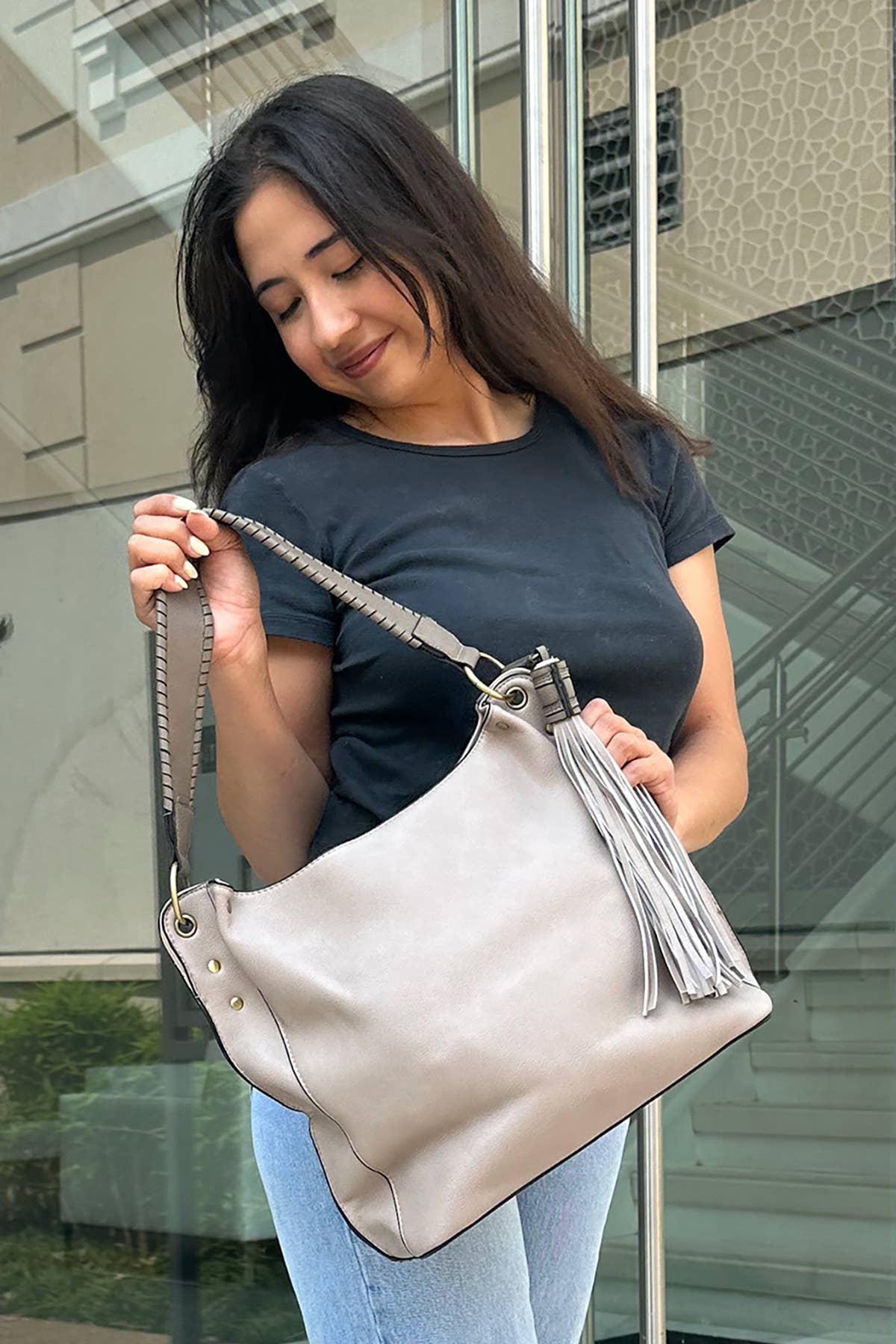 Three Compartment Tassel Hobo Bag