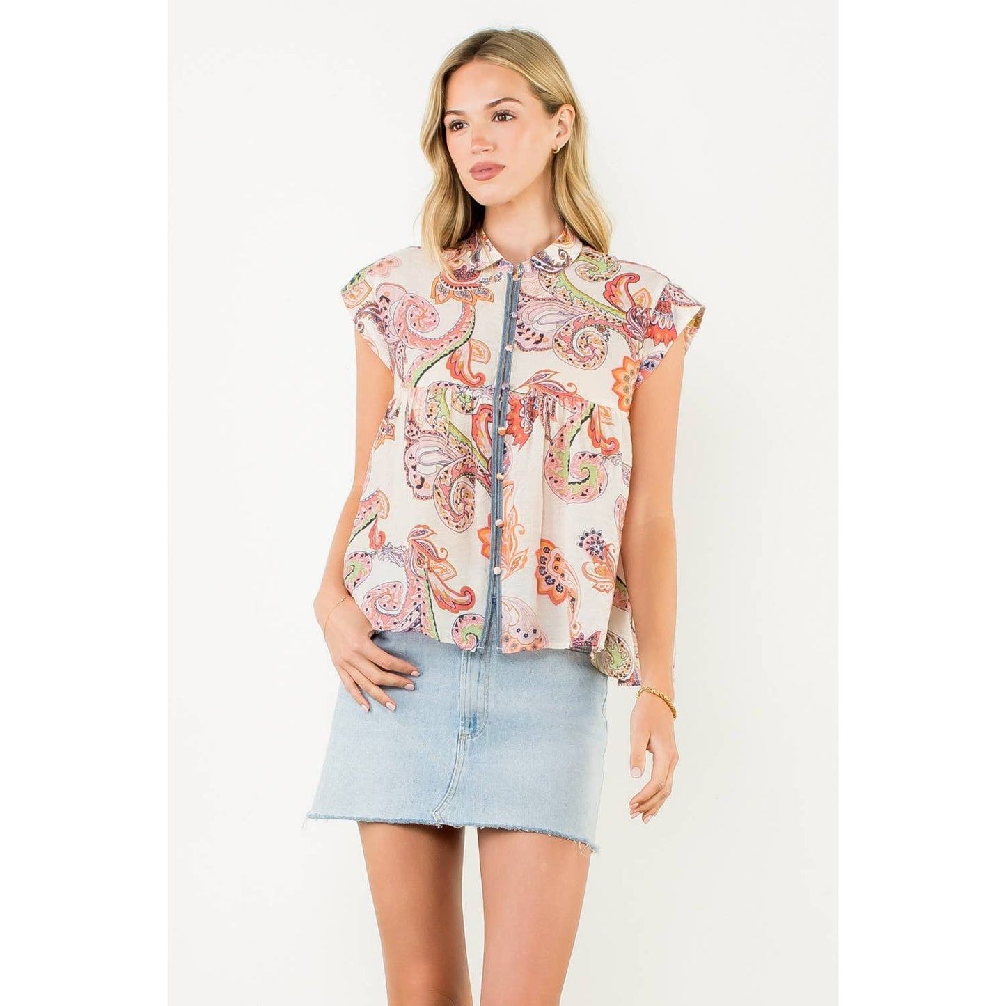 Cap Sleeve Paisley Button Down Top