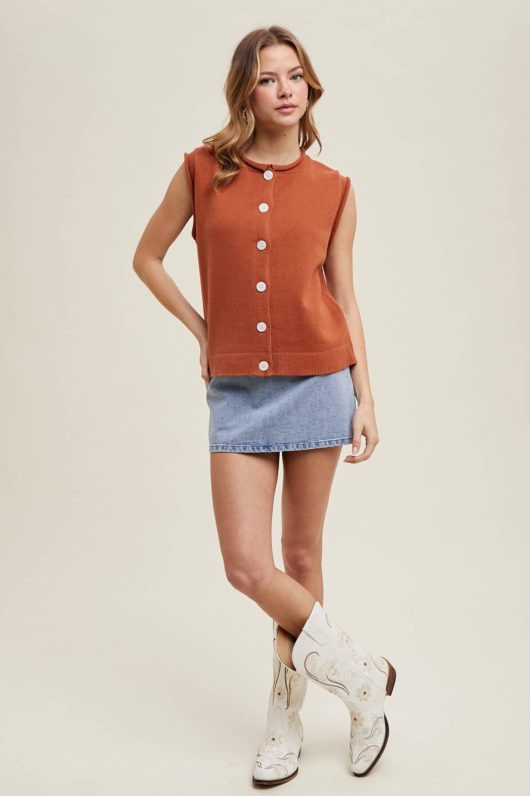 SWEATER BUTTON-UP VEST WITH ROLLED HEM DETAIL