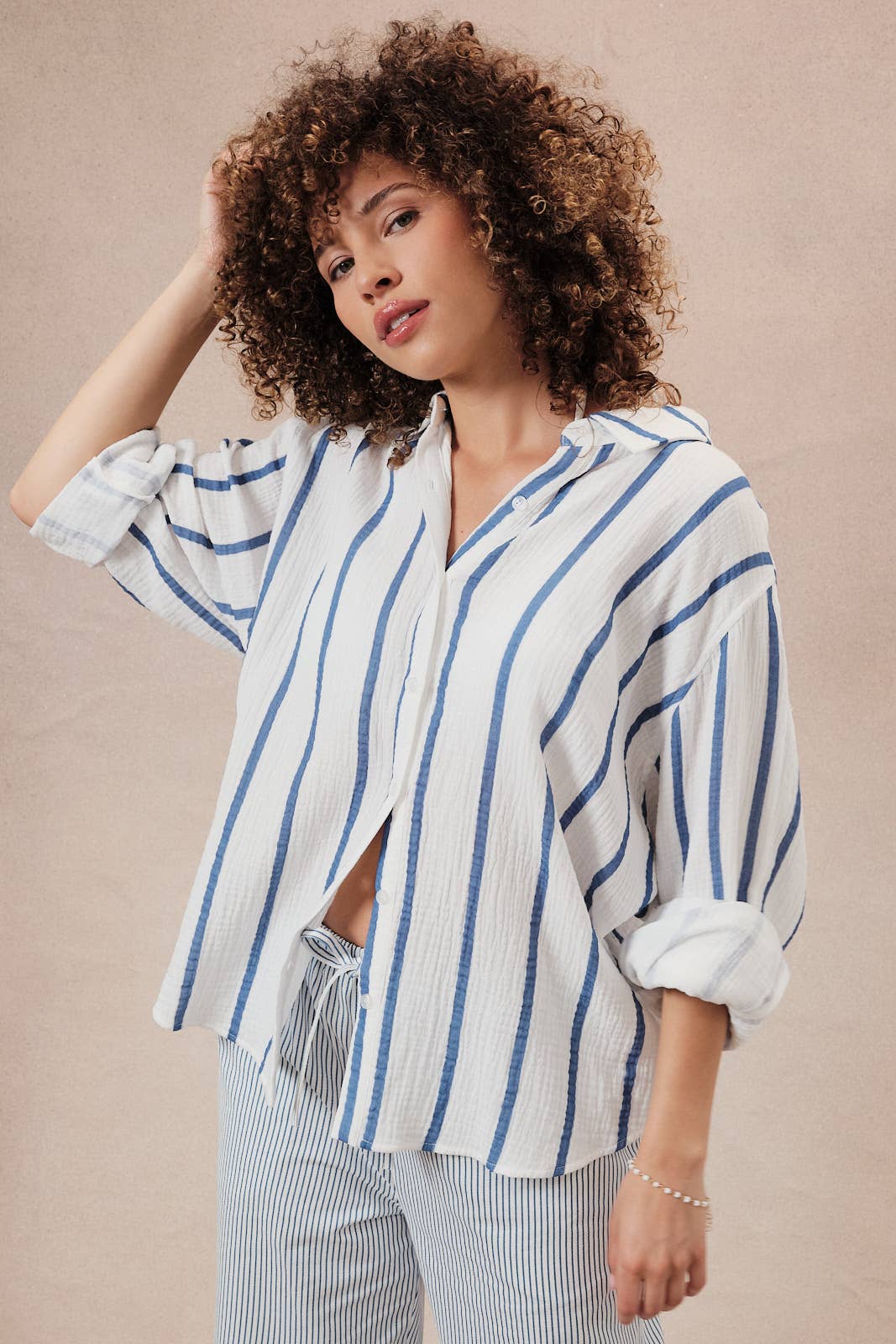 DOLMAN LONG SLEEVE BUTTON DOWN DOUBLE GAUZE STRIPE SHIRT