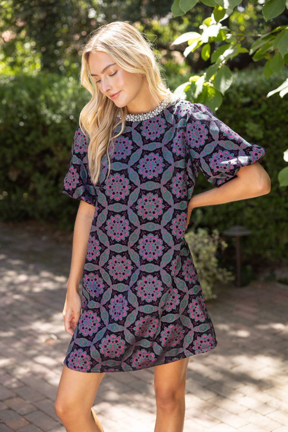 Beaded Neckline Geometric Velvet Jacquard Dress