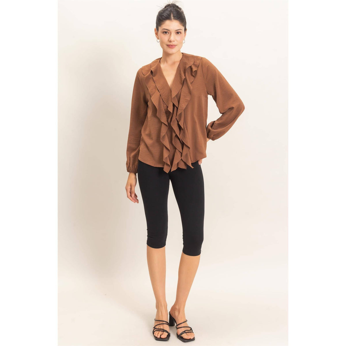 Ruffled V-Neck Button-Up Blouse