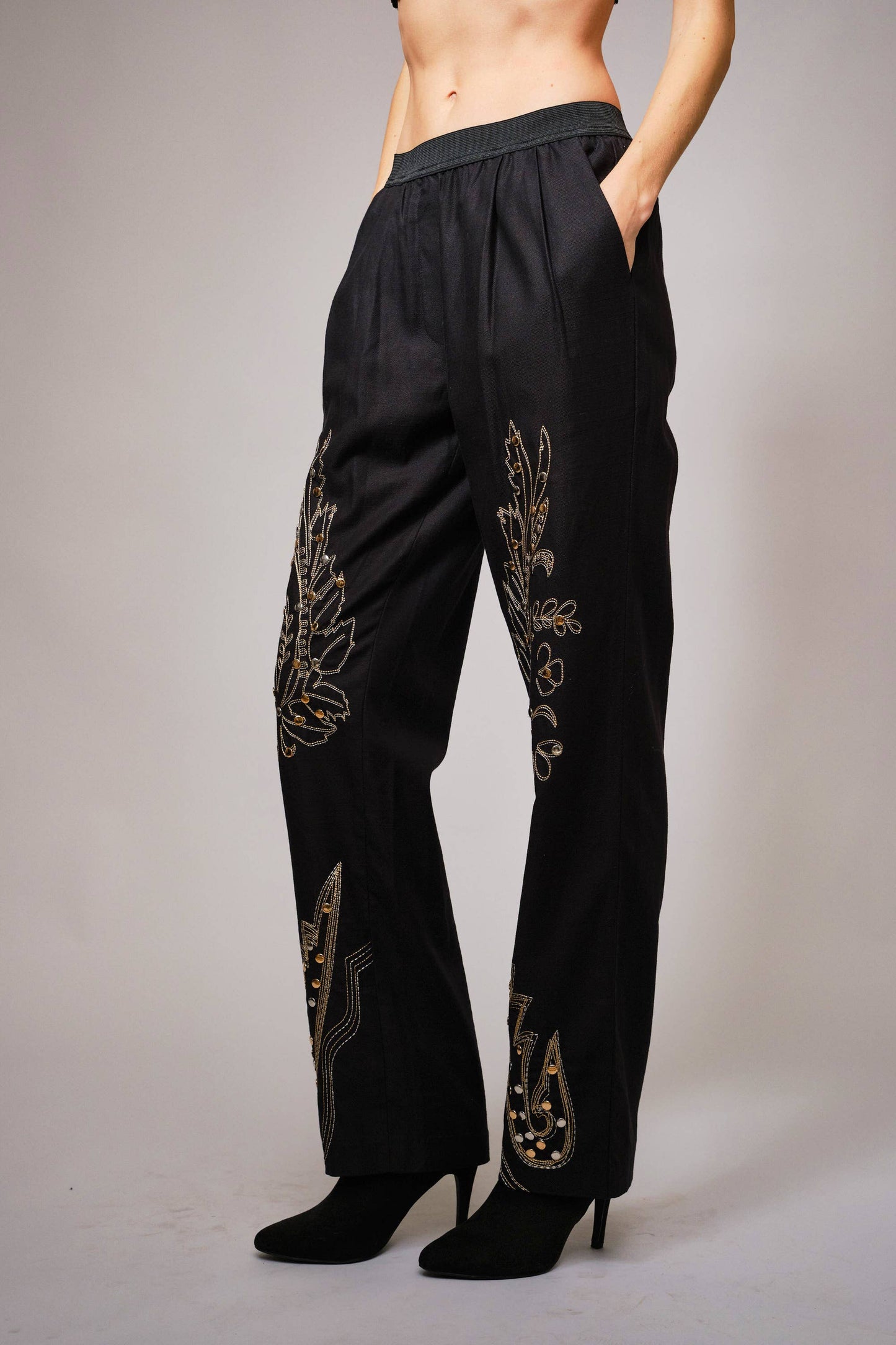 Twill Embroidered Stitchwork Studded Pants