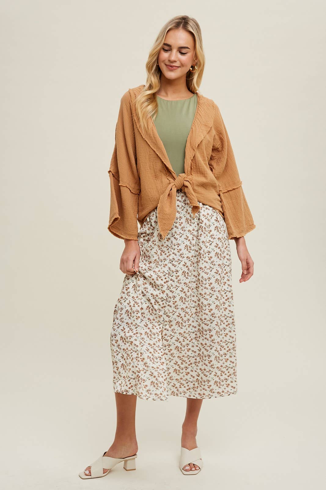 GAUZE KIMONO SLEEVE SELF TIE CARDIGAN