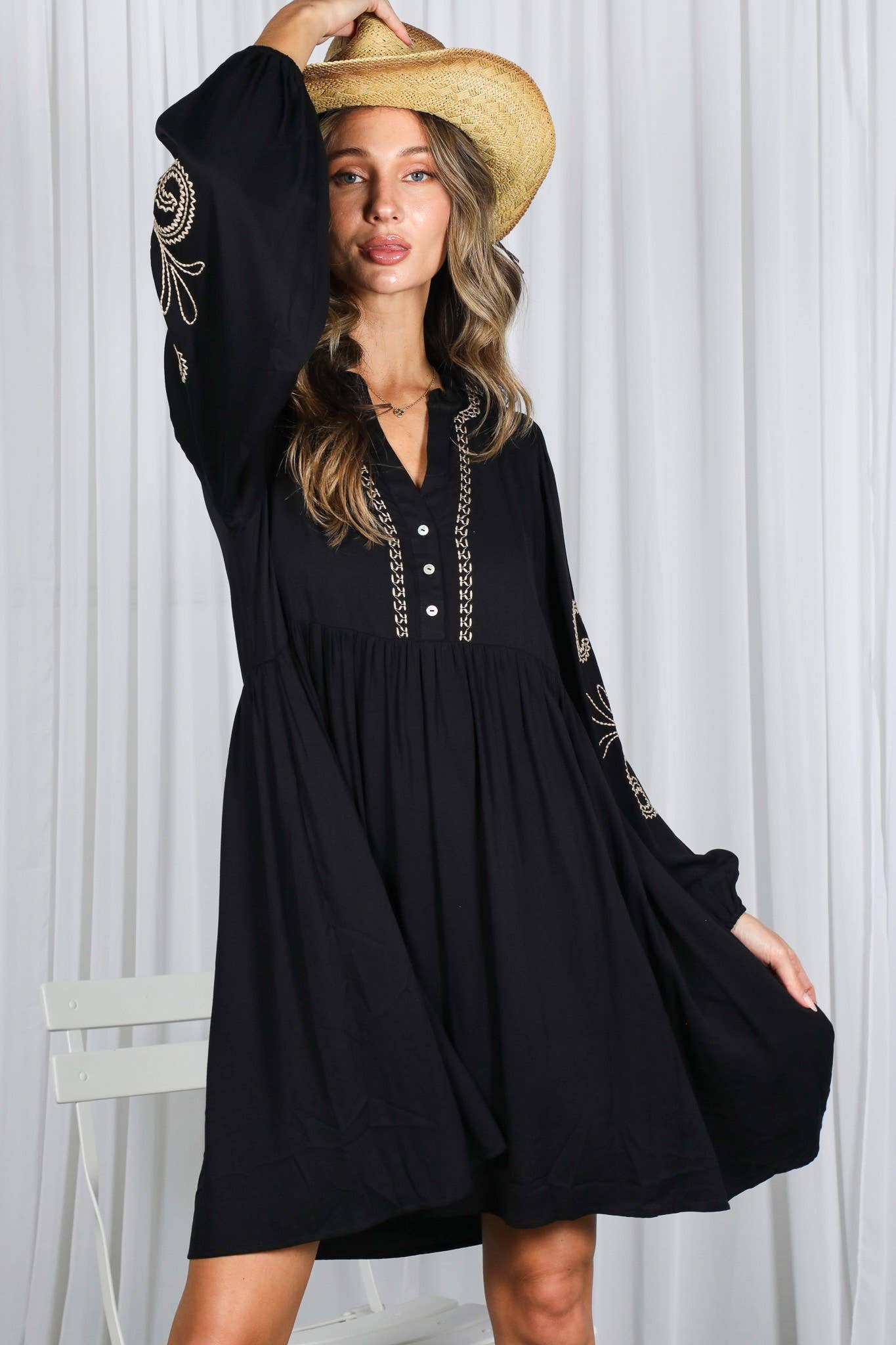 Paisley Embroidered V-Neck Baby Doll Mini Dress