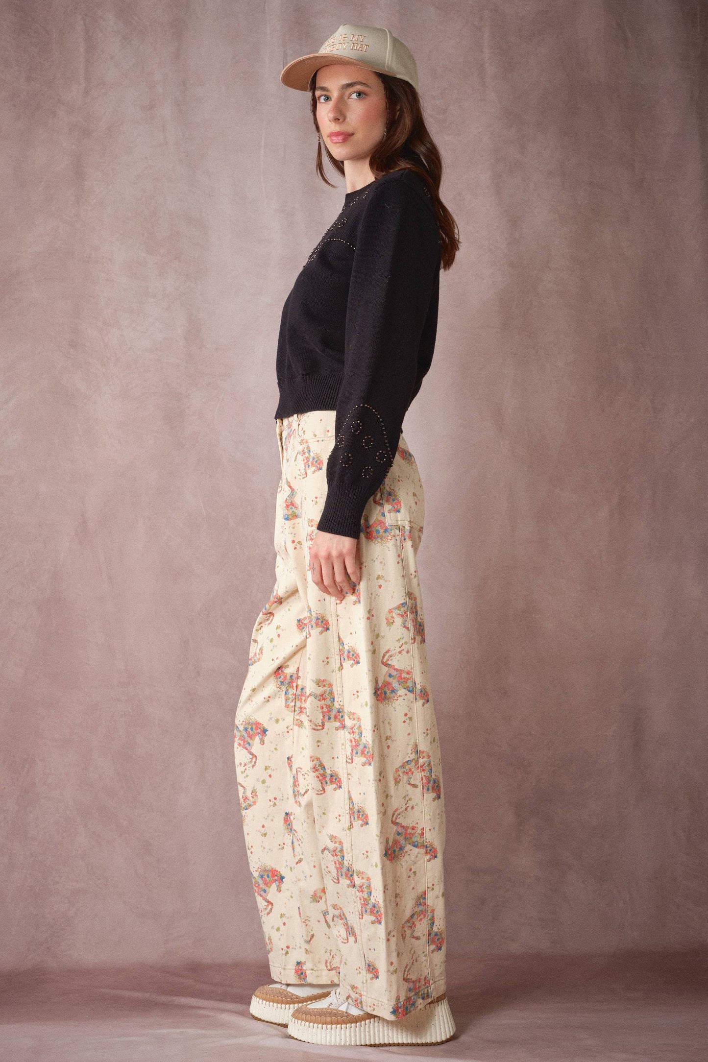 Floral Horse Print Relaxed Cotton Pants