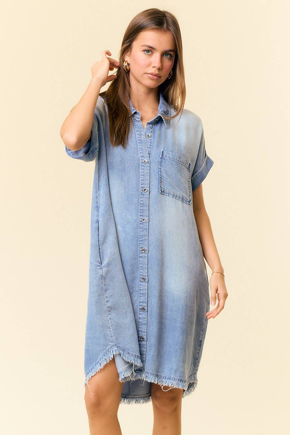 DOLMAN SHORT SLEEVE TENCEL DENIM SHIRT MINI DRESS - 27642D