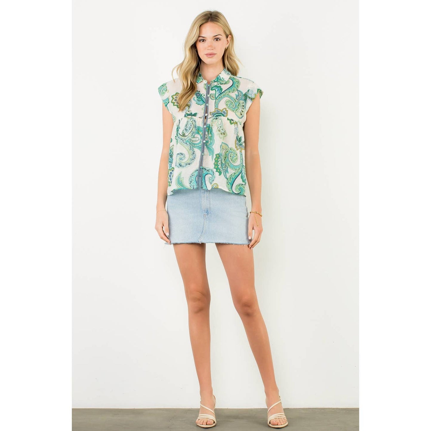 Cap Sleeve Paisley Button Down Top