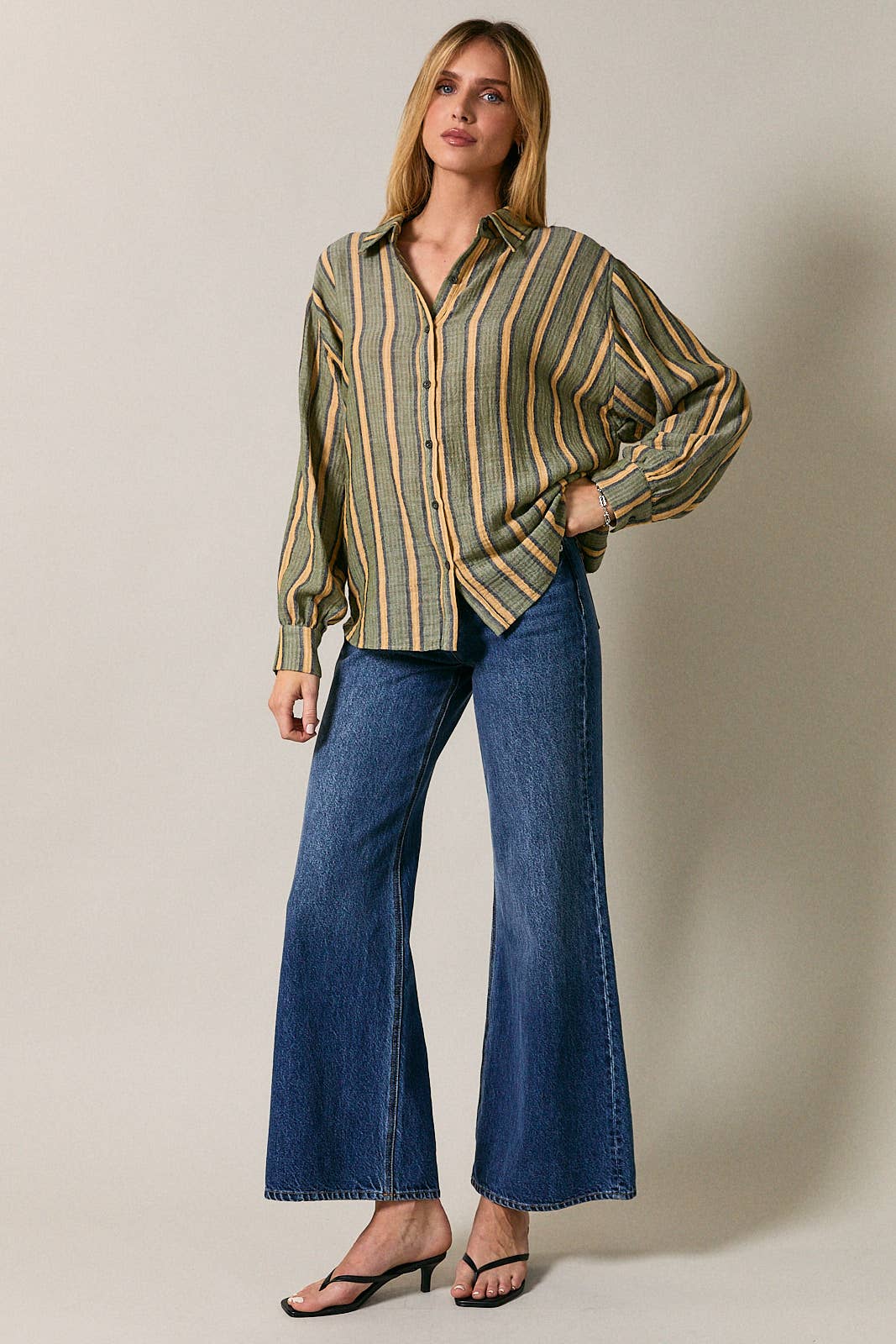 Dolman Long Sleeve Button Down Striped Shirt