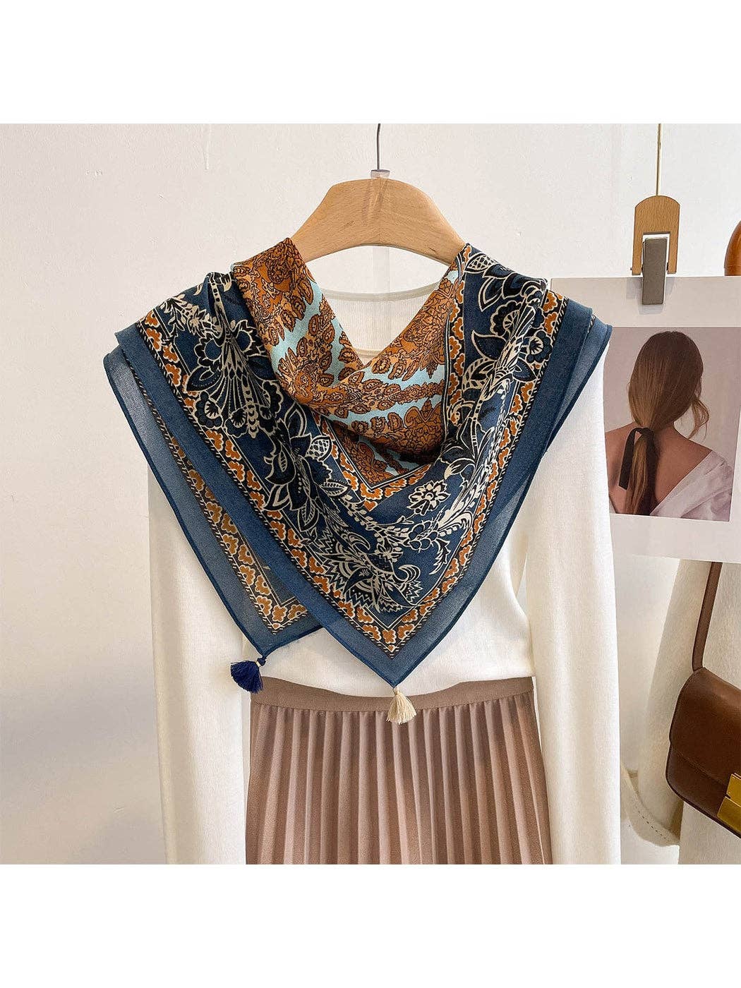 Navy Retro Floral Print Tassel Square Scarf