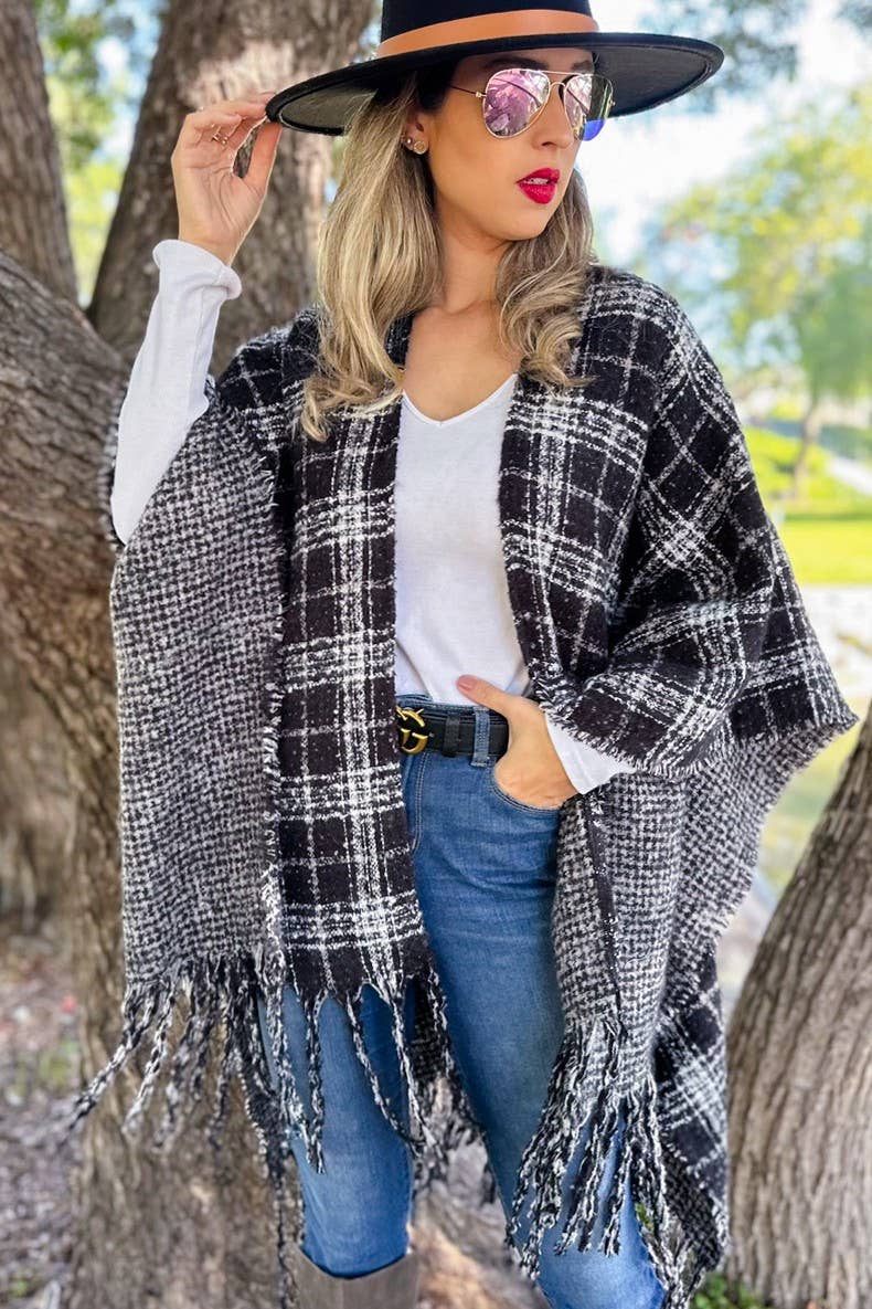 Black Plaid printed Reversible Knit Ruana Cape Cardigan