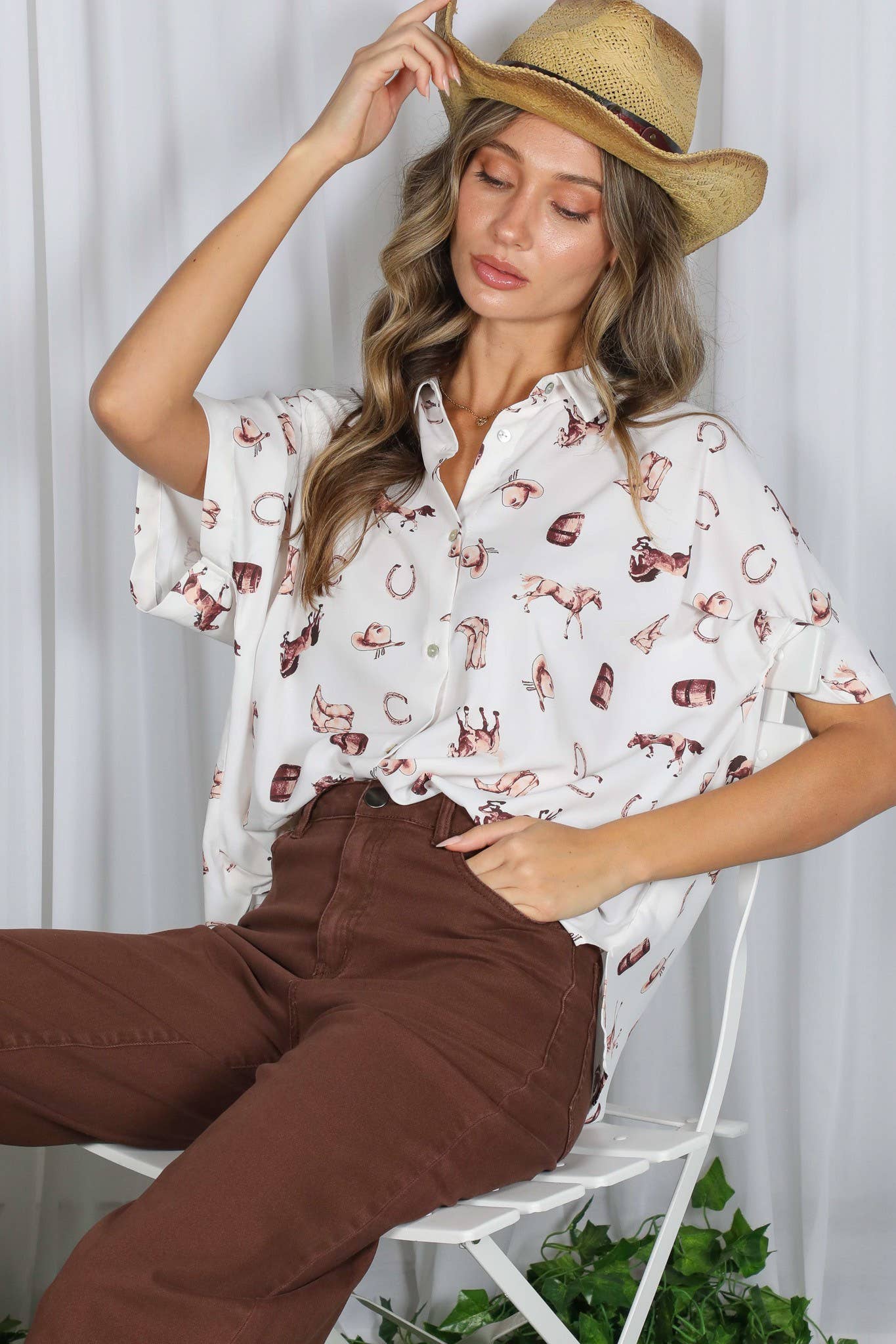 Western-Inspired Collared Button Front Shirt
