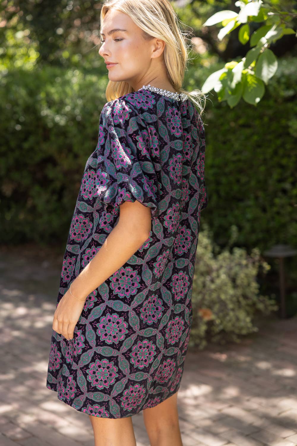 Beaded Neckline Geometric Velvet Jacquard Dress
