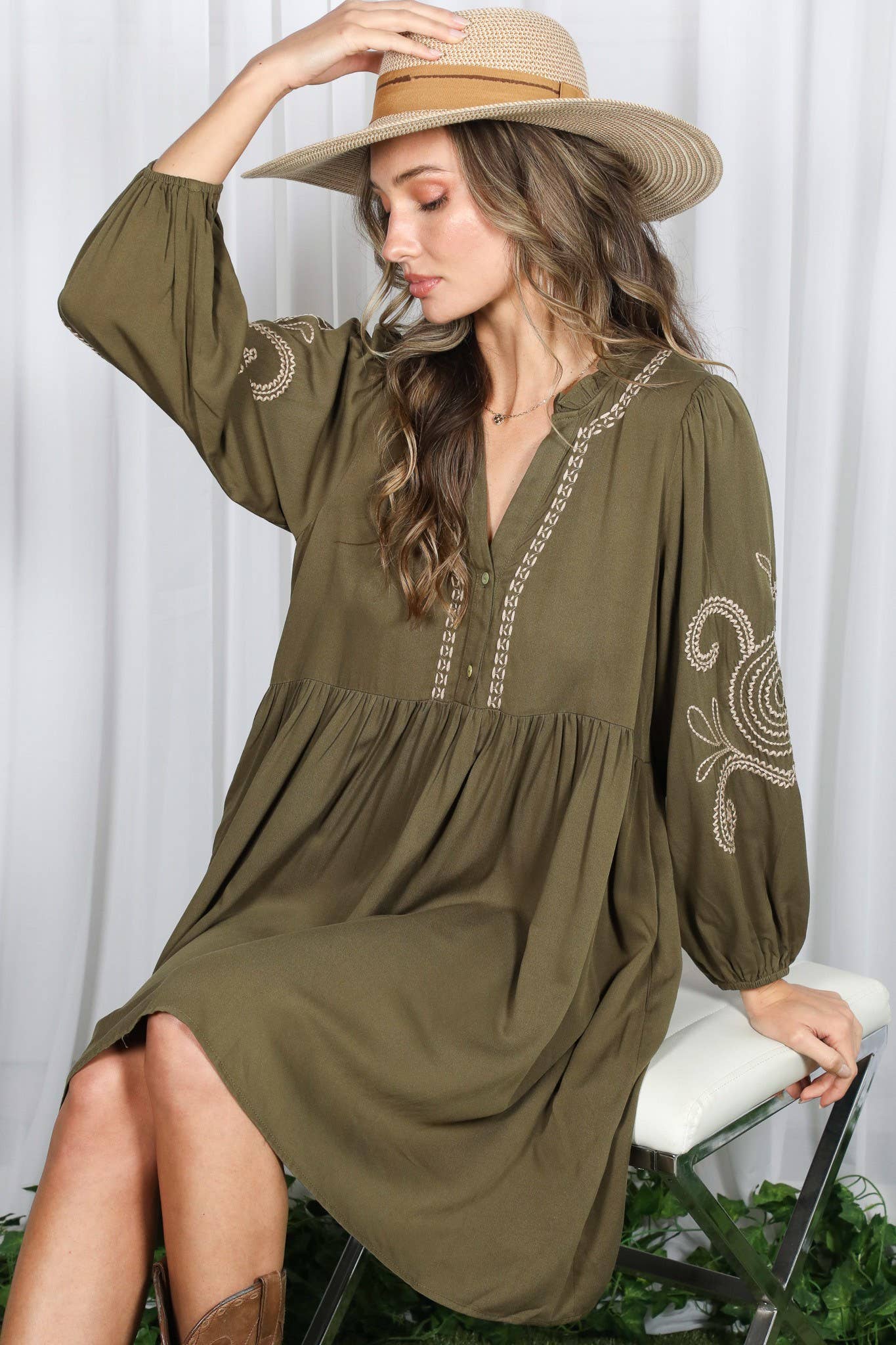 Paisley Embroidered V-Neck Baby Doll Mini Dress
