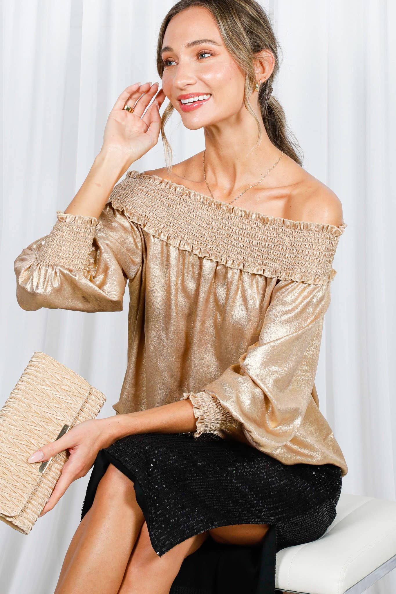 Metallic Woven Off-The-Shoulder Smocked Blouse