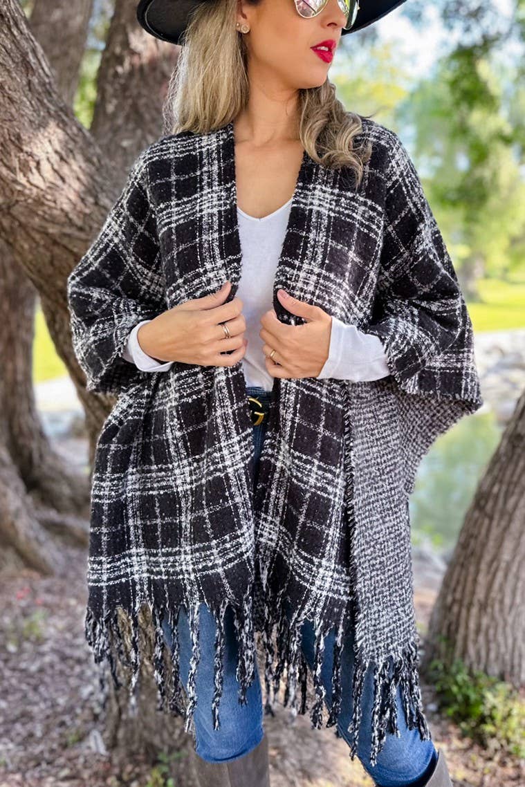 Black Plaid printed Reversible Knit Ruana Cape Cardigan