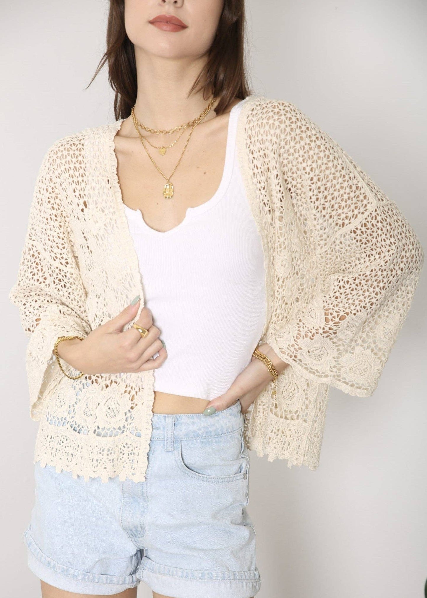 Embroidered Lace Kimono Crop Cardigan Half