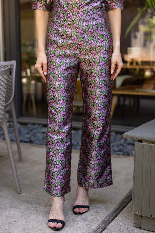 Mid Waist Floral Jacquard Straight Leg Pants
