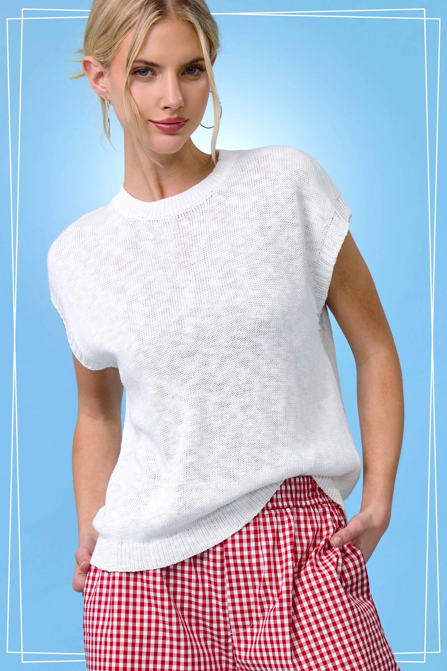 Loose Fit Sleeveless Ribbed Knit Mock Crew Neck Top