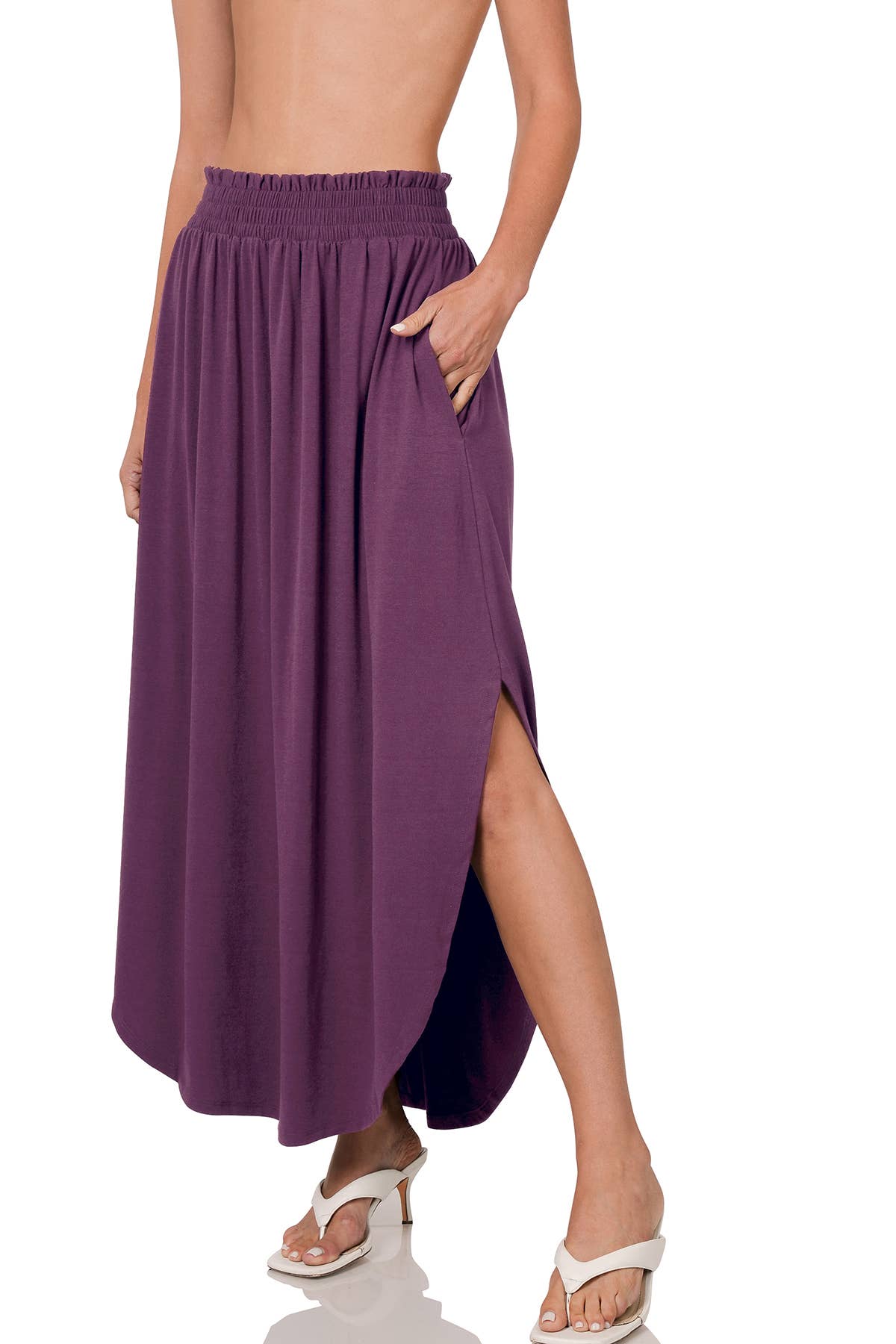 SMOCKED WAIST SIDE SLIT MAXI SKIRT WITH POCKETS