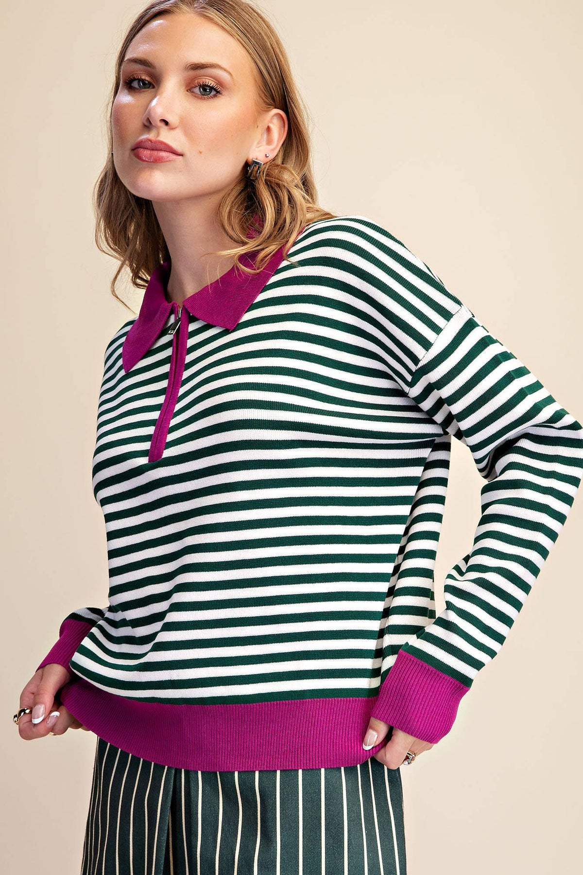 Collar Zip Neck Long Sleeve Stripe Sweater