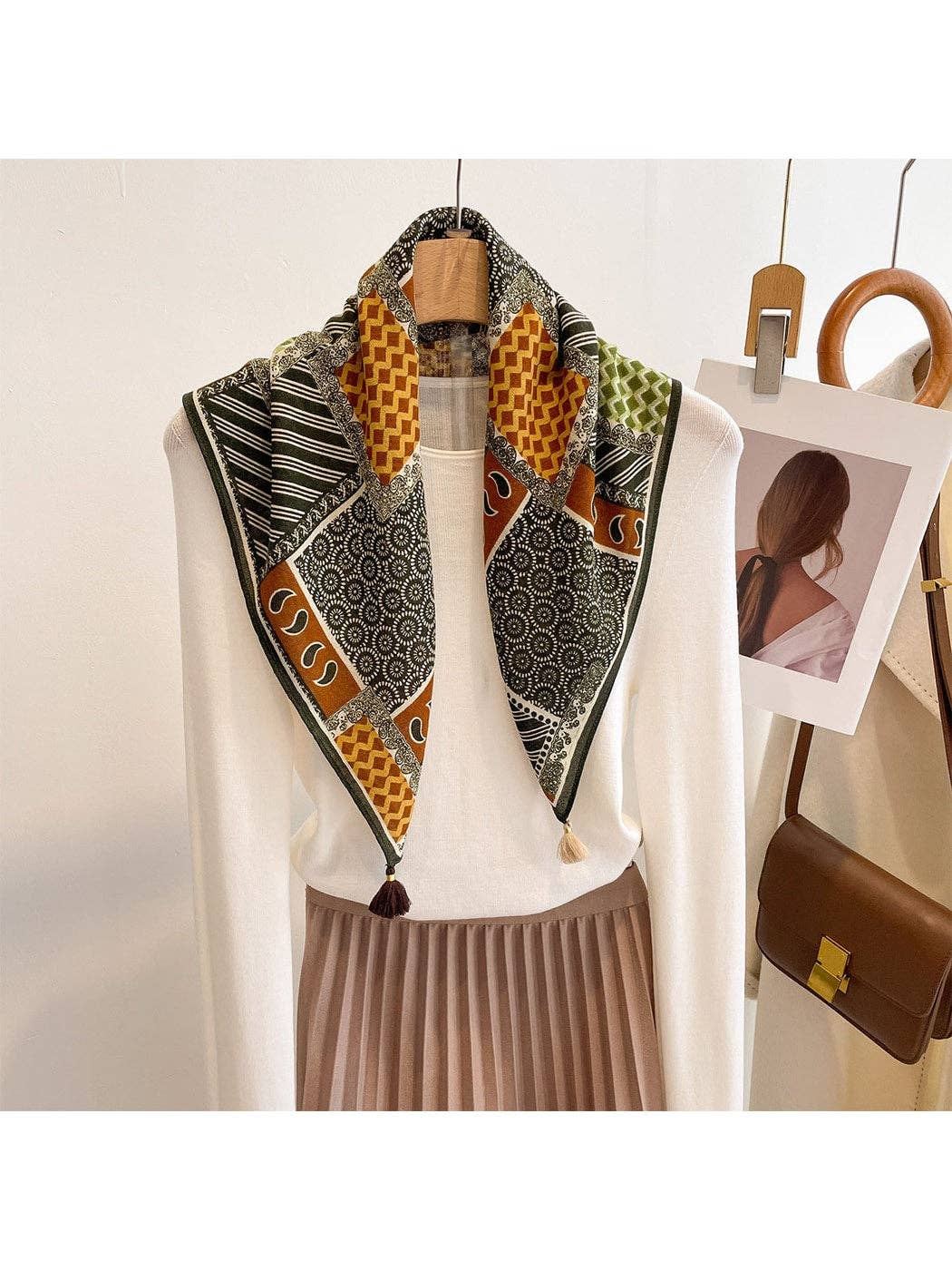 Spliced Print Tassel Square Scarf