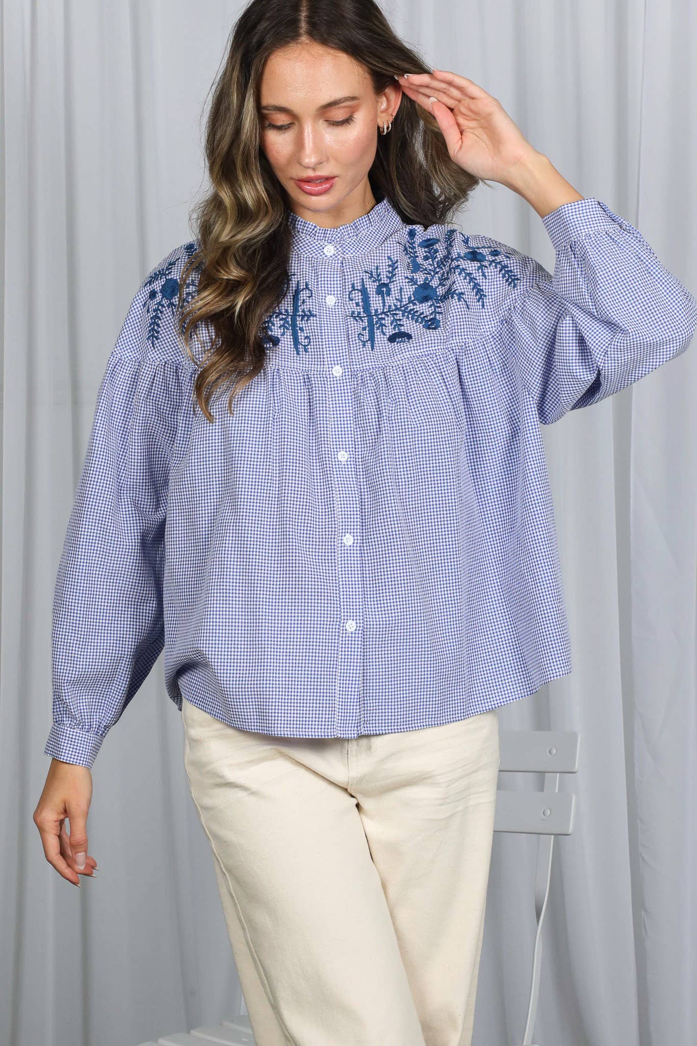 Ruffle Neck  Gingham Blouse