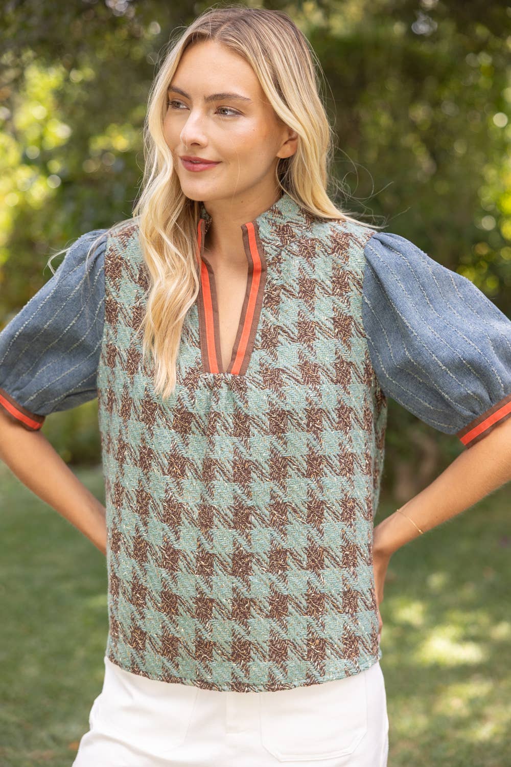 Stripe Denim Sleeve Houndstooth Tweed Top