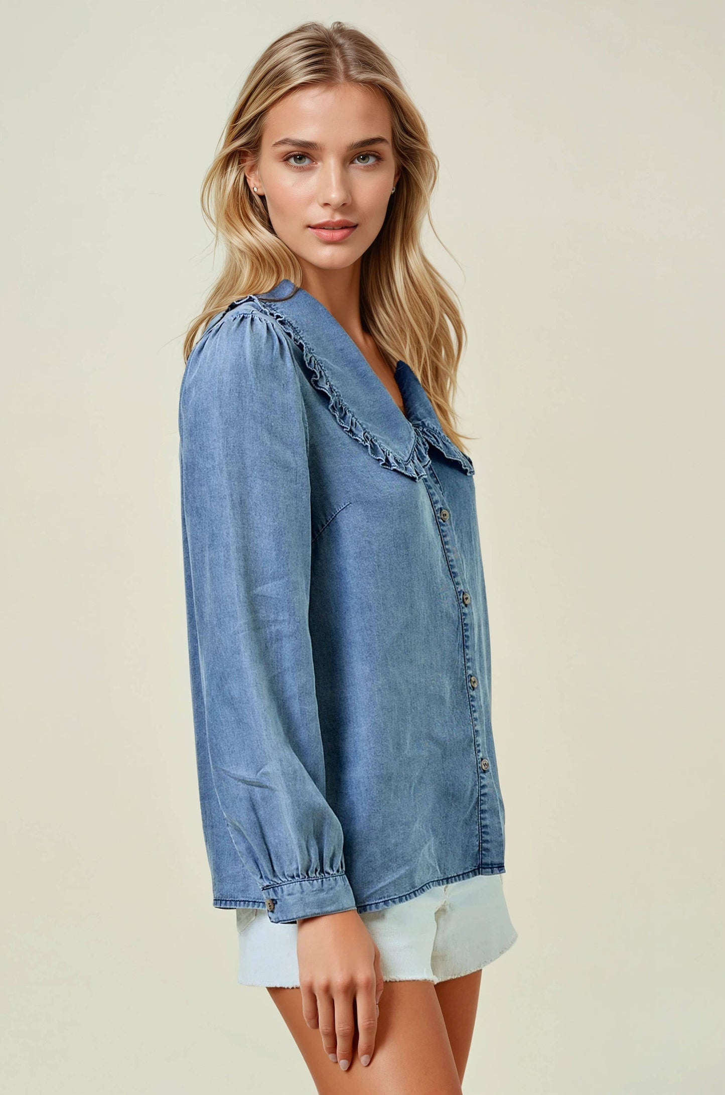 Tencel Denim Long Sleeve Button Down Shirt Bloeus