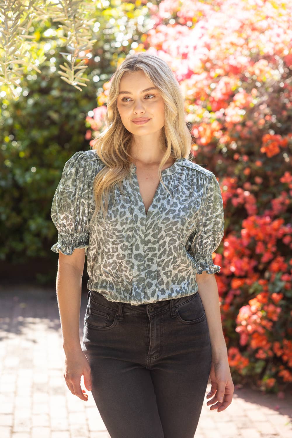 Smocked Short Sleeve V-Neck Animal Print Top