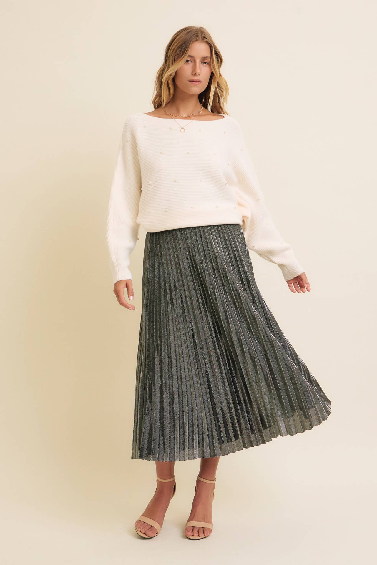 SPARKLING ACCENT PLEATED MIDI SKIRT