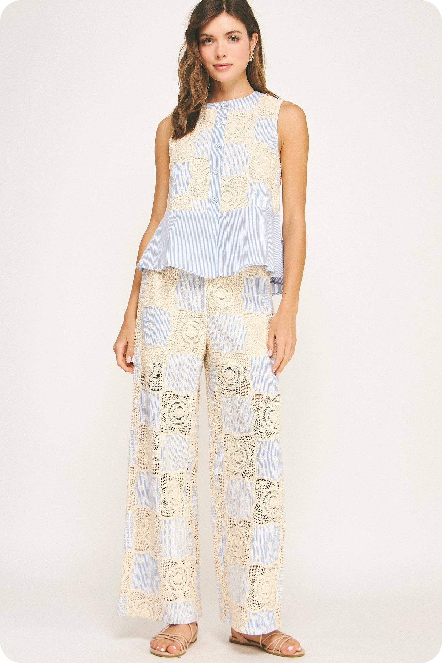 Crochet Striped Pleated Detail Wide-Leg Pants