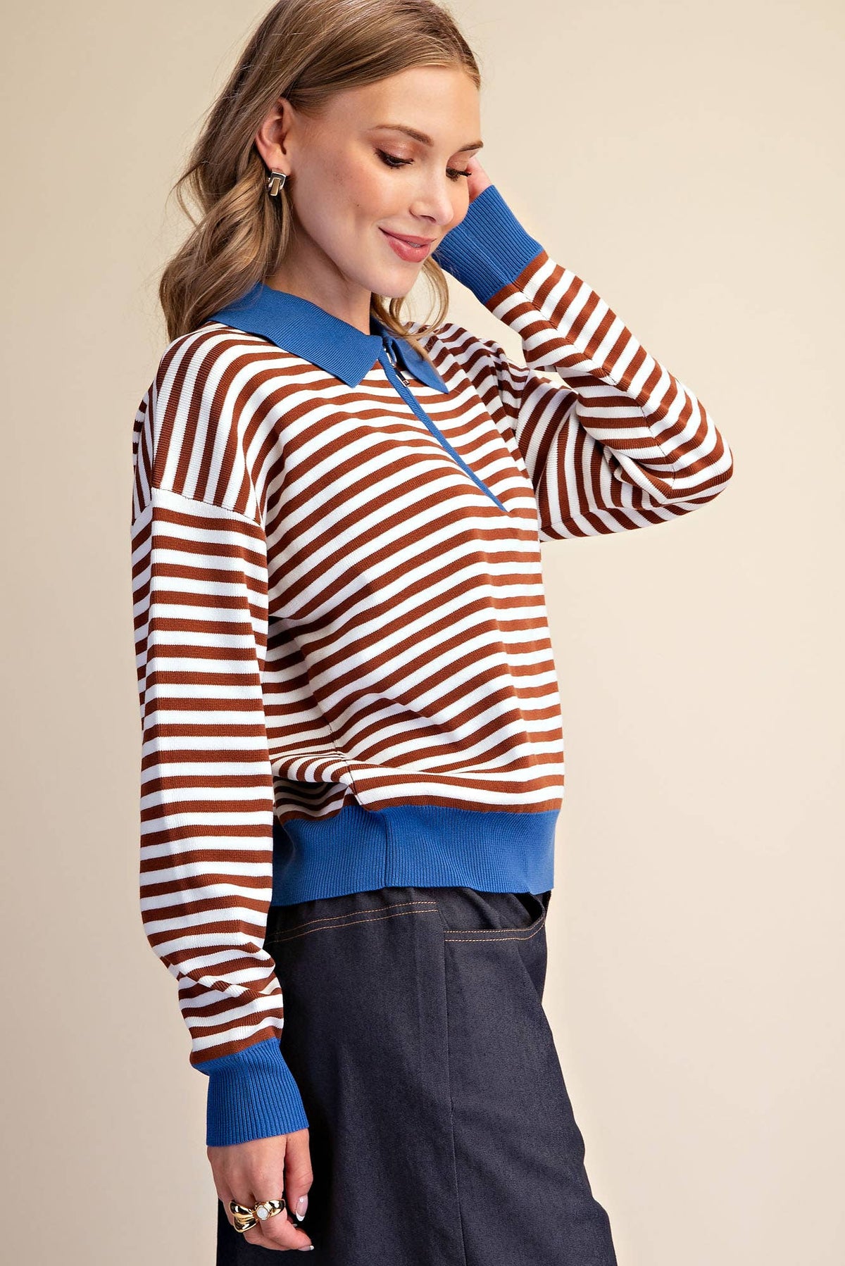 Collar Zip Neck Long Sleeve Stripe Sweater