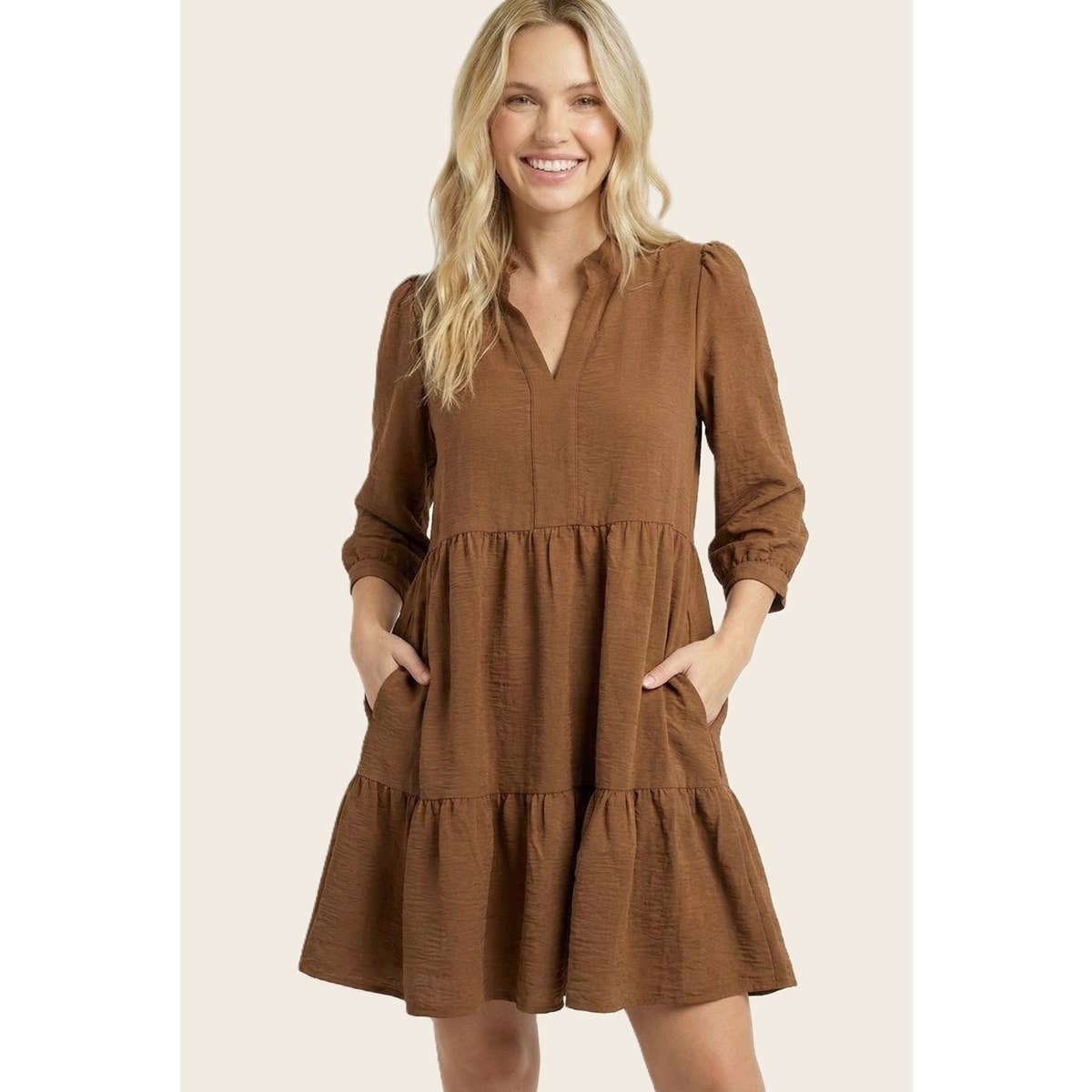FRILLED SPLIT NECK TIERED DRESS