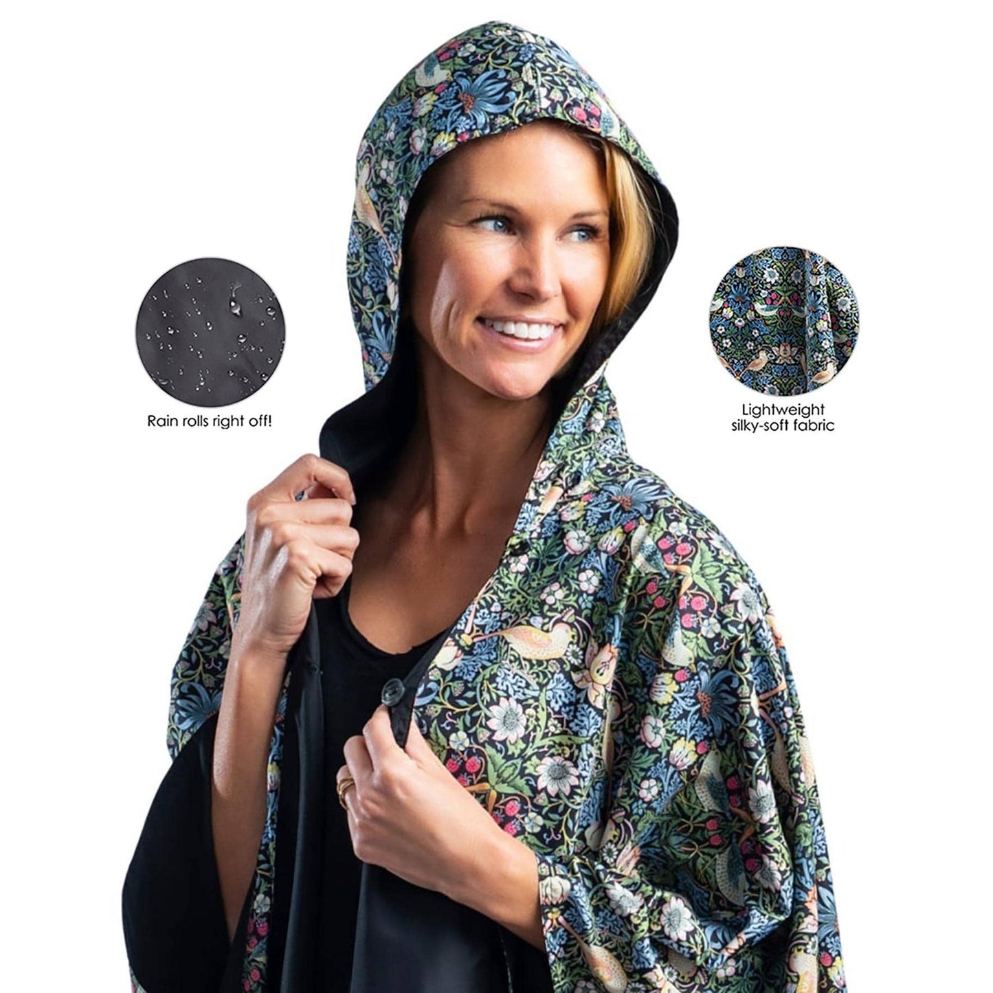 William Morris Black Strawberry Thief Rain Travel Cape