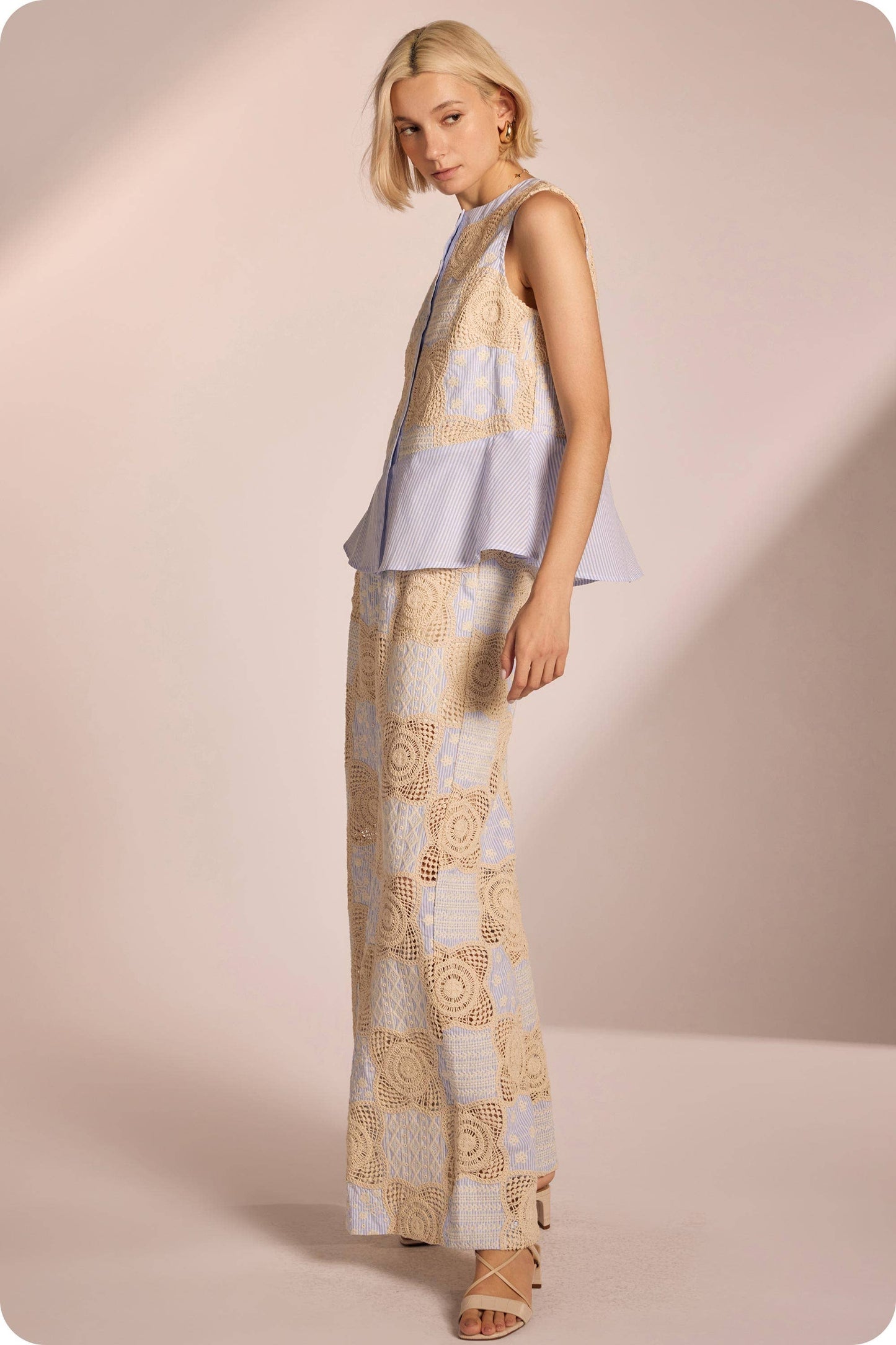 Crochet Striped Pleated Detail Wide-Leg Pants