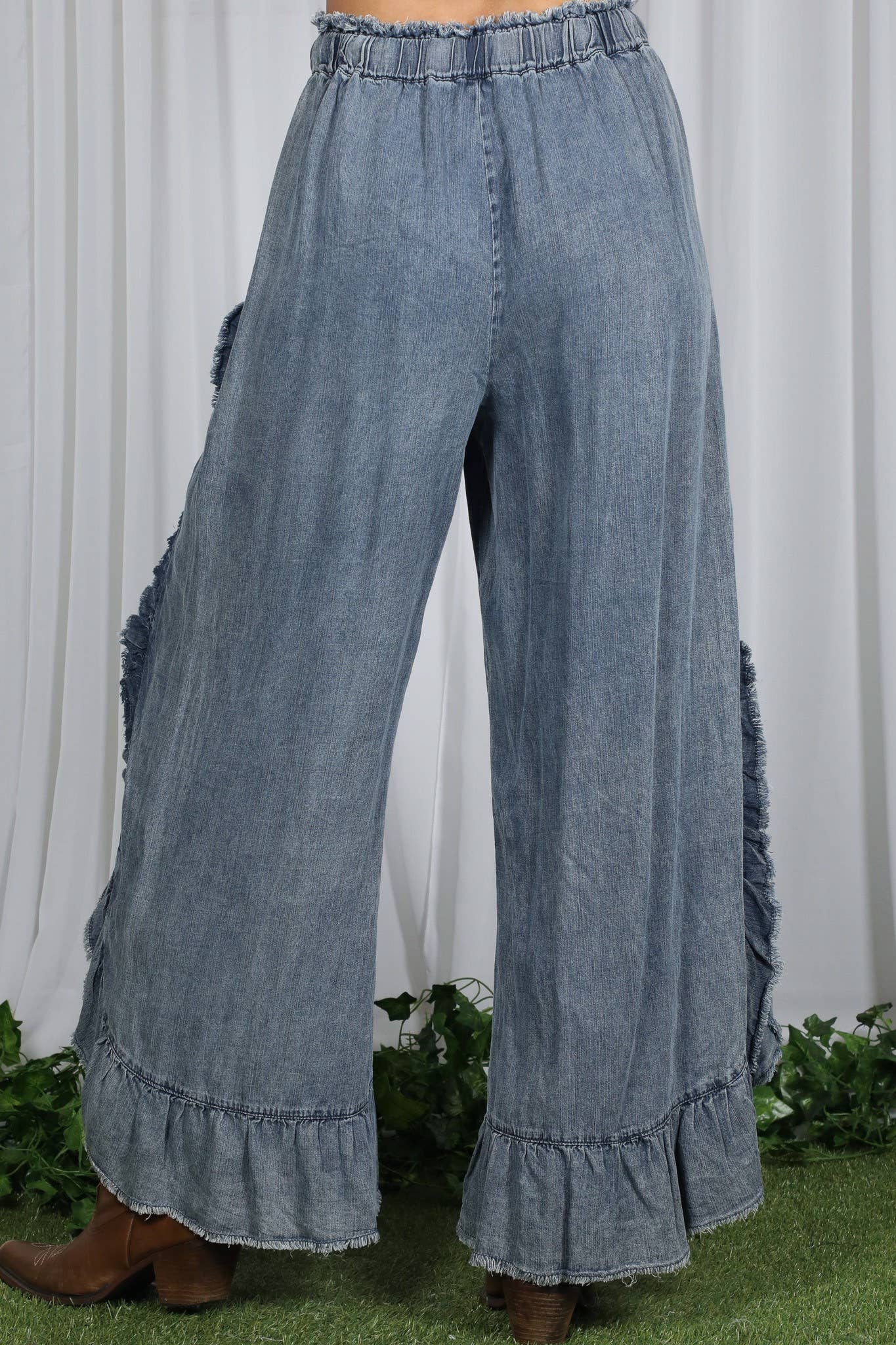 Flared Ruffle Hem Washed Chambray Crop Denim Pants