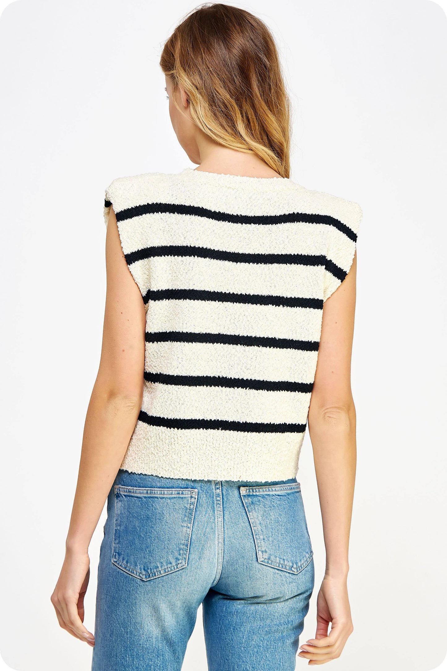 Shoulder Pad Sleeveless Textured Striped Knit Top