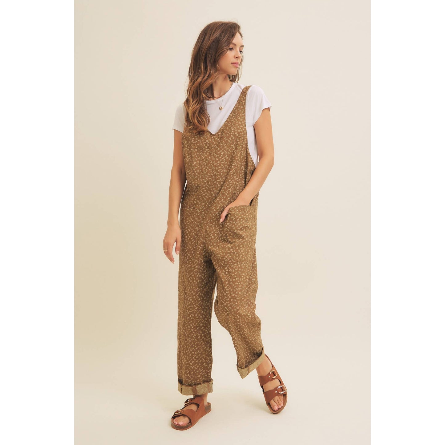 COTTON GARMENT WASHED DITSY FLORAL RELAXED FIT JUMPSUITS