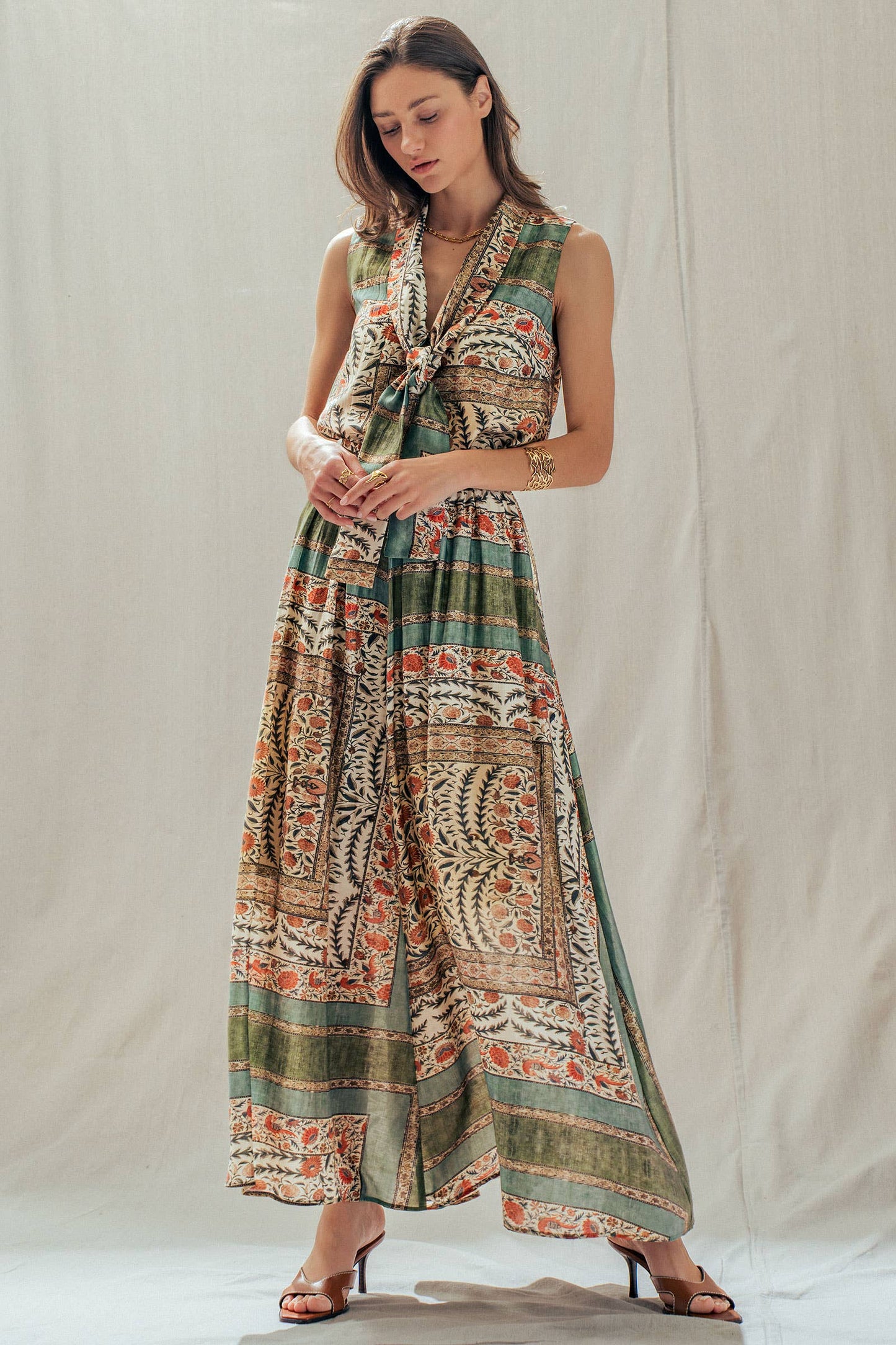 Botanical Bird Print Tie-Front Tencel Blend Top