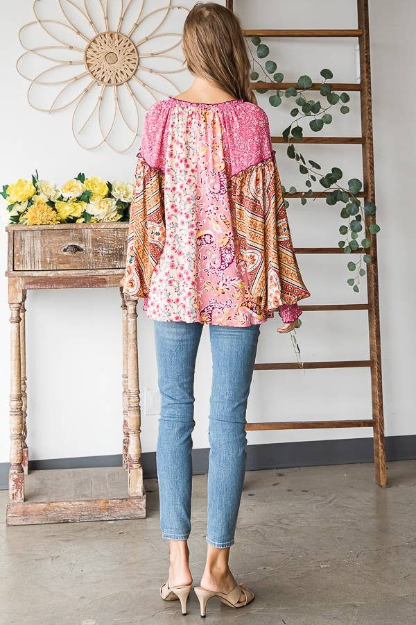 BUTTON FRONT PRINT MIXED BLOUSE