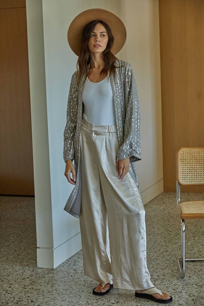 Woven Sequin Open Front Long Sleeve Cardigan