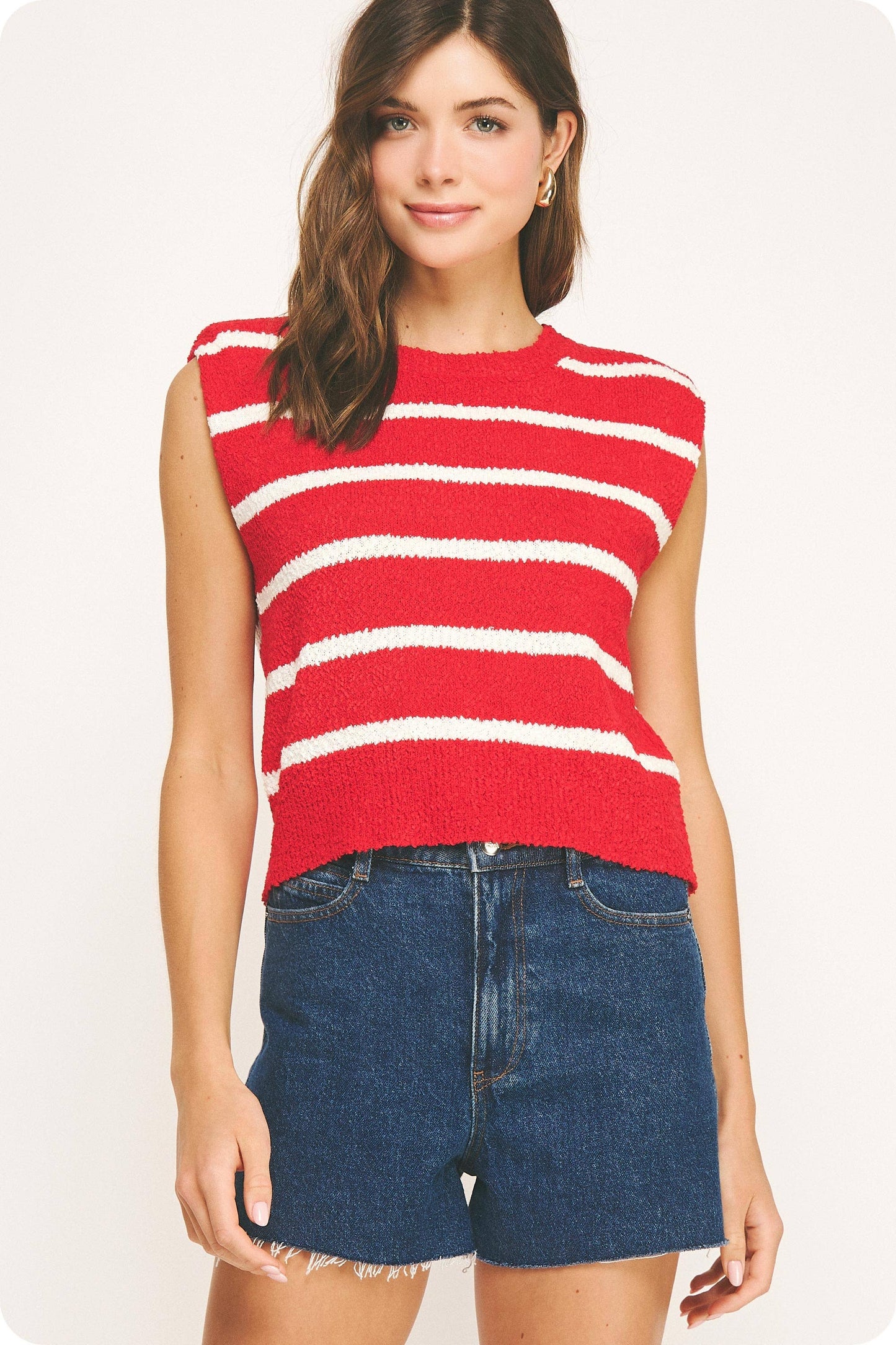 Shoulder Pad Sleeveless Textured Striped Knit Top